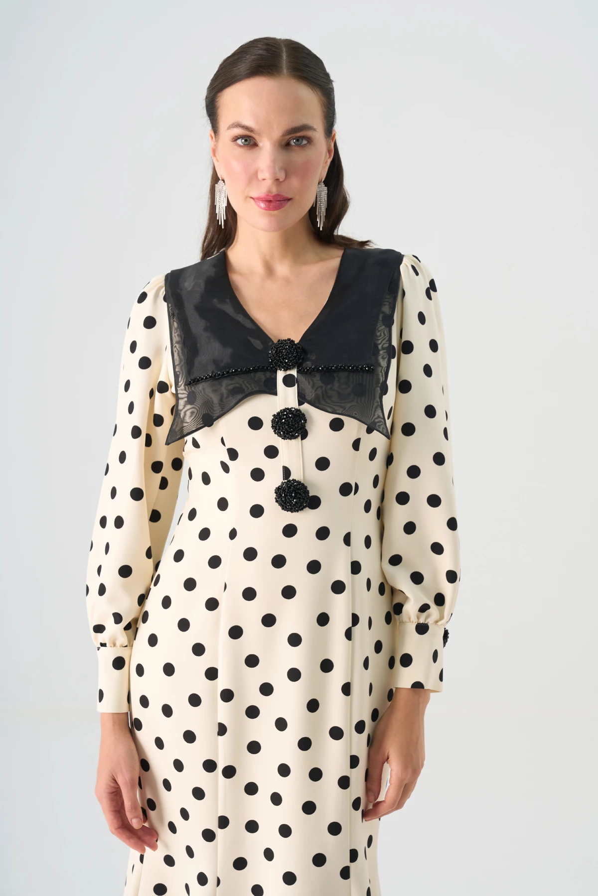 Puantiyeli Geniş Yaka Midi Elbise EL-4367