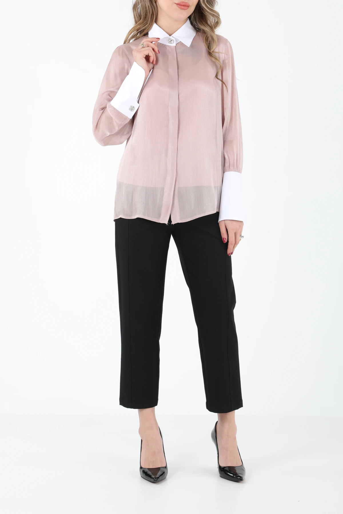 Pamuk garnili organze gömlek EL-1743 - Pudra