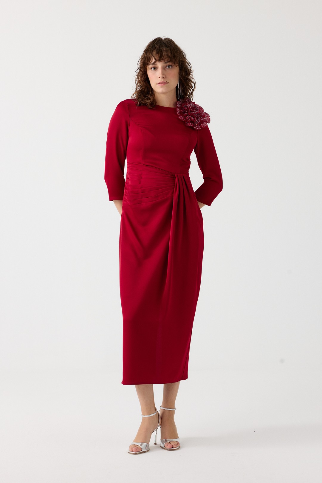 Beli piliseli kokteyl elbise EL-4355 - BORDO