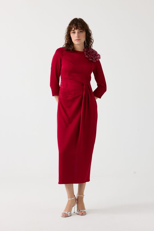 Beli piliseli kokteyl elbise EL-4355 - BORDO