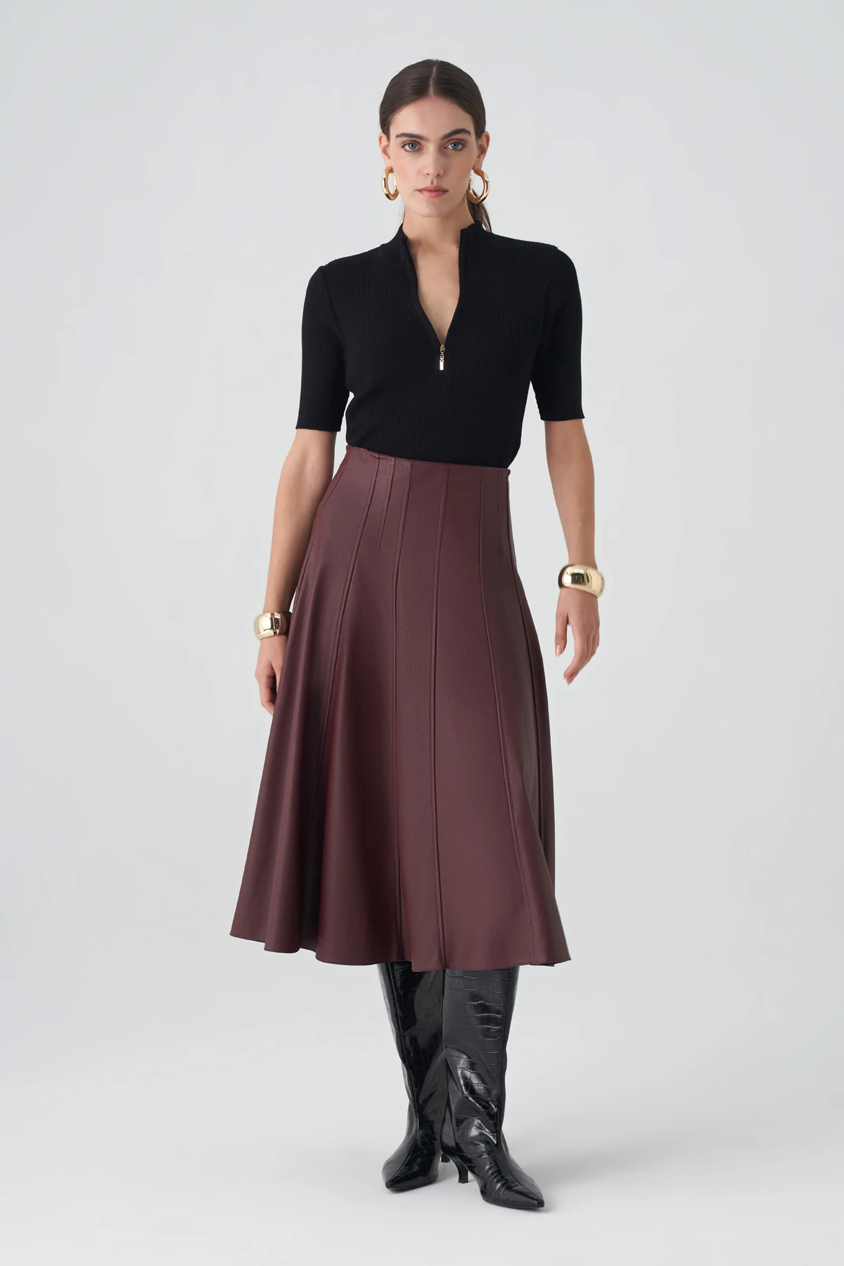 Kulp detaylı midi deri etek EL-1275