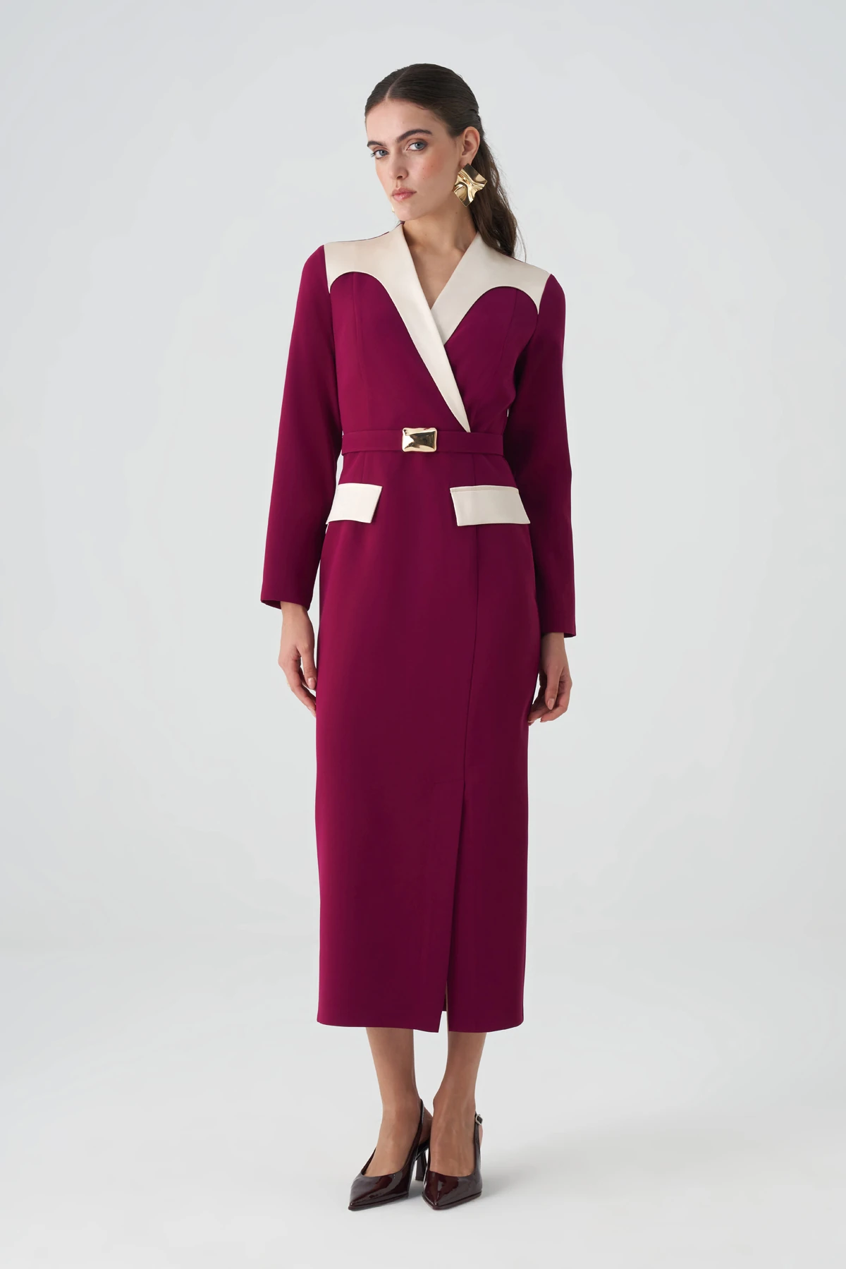 Saten garnili kruvaze midi krep elbise EL-4433