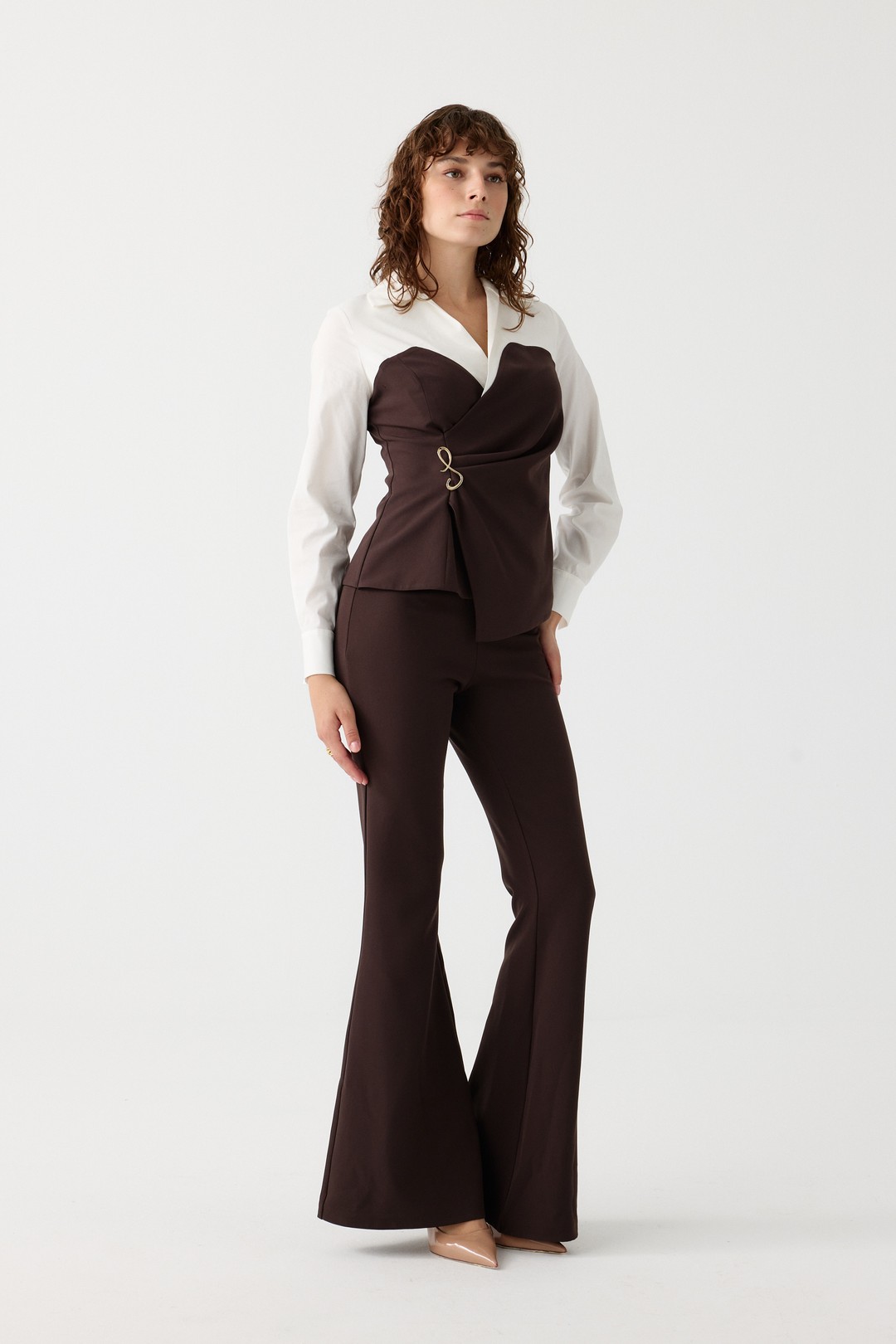 Poplin mix broşlu ikili takım EL-2702 - KAHVERENGİ