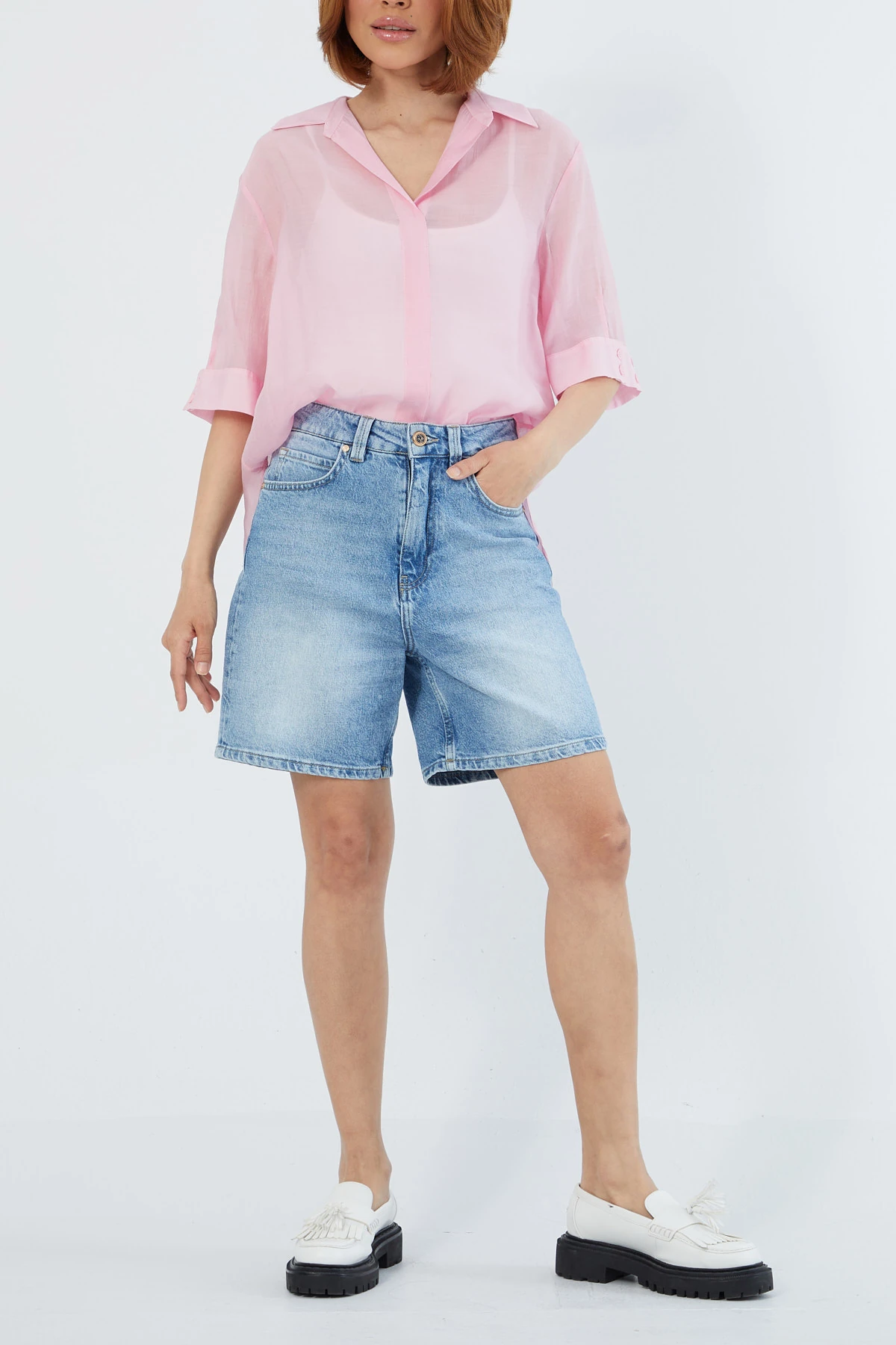 Gömlek yaka naturel bluz EL-1653