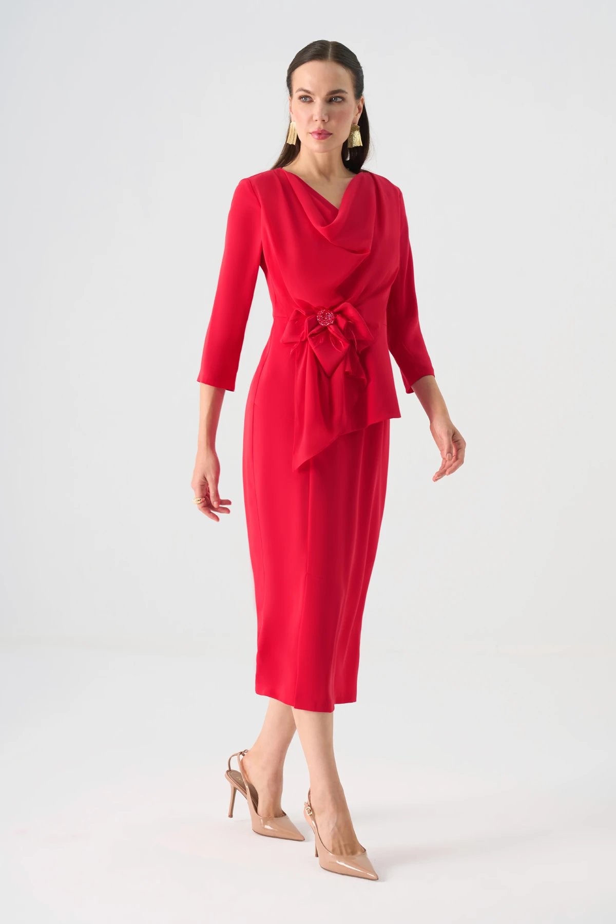 Degaje yaka şifon garnili midi elbise EL-4373