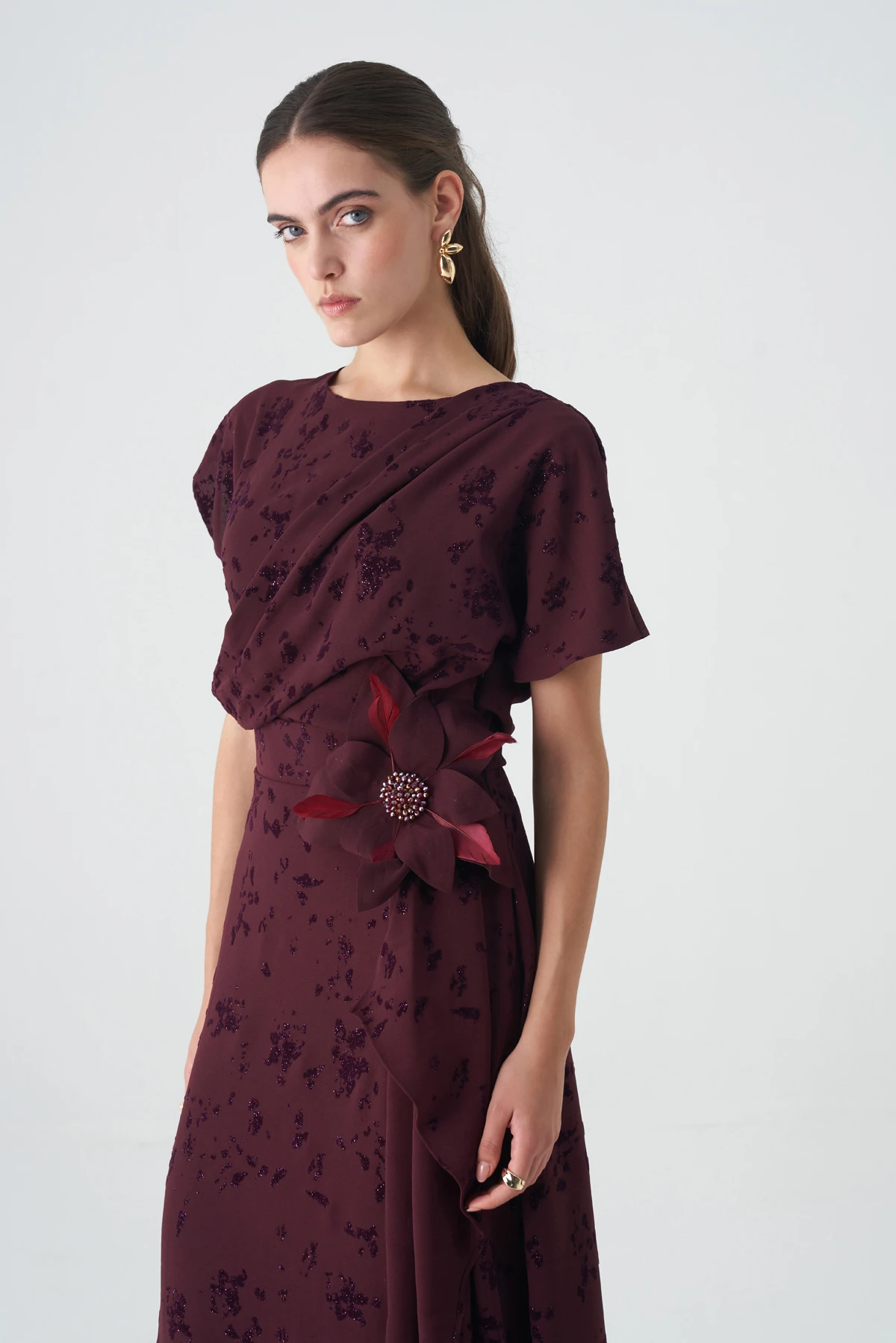 Kadife baskılı volanlı krep elbise EL-4439