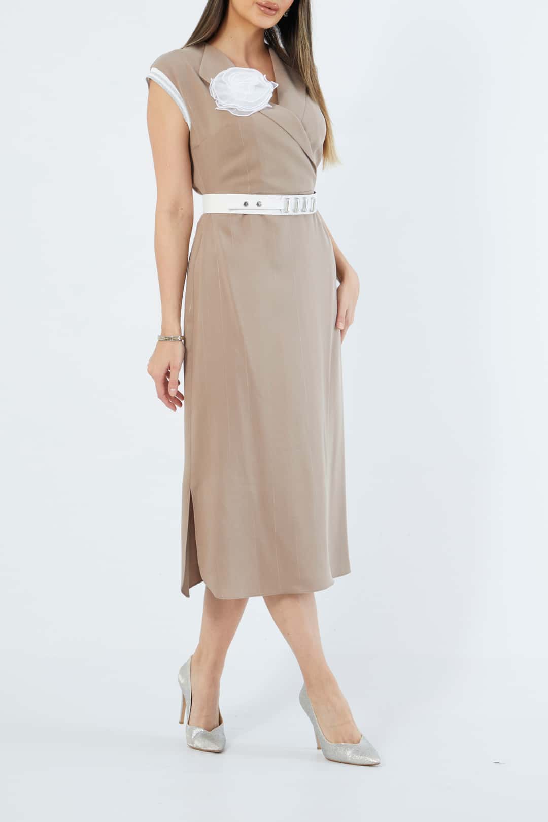 Ribana detaylı kemerli tencel elbise EL-3639