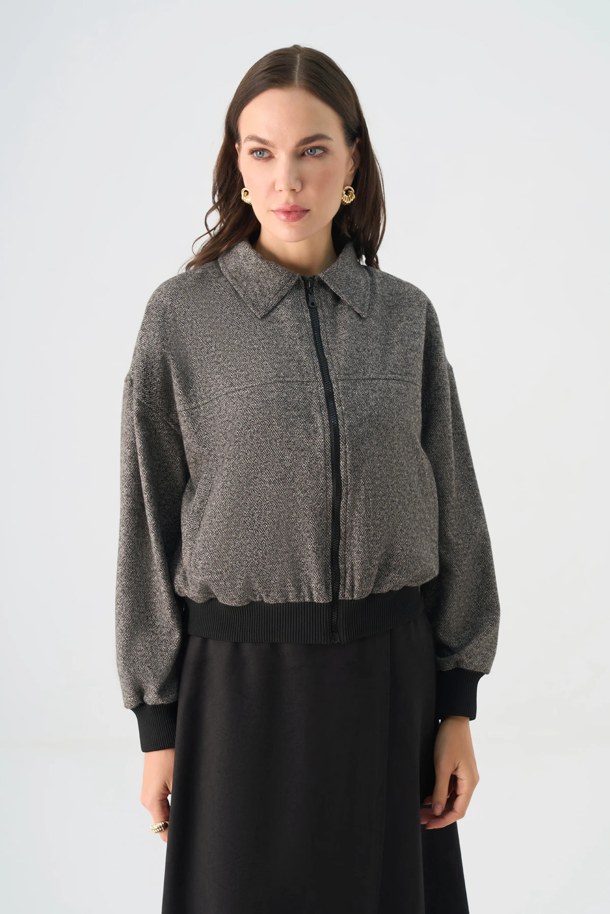 Ribana detaylı düşük kollu polisivkon bomber ceket EL-1837