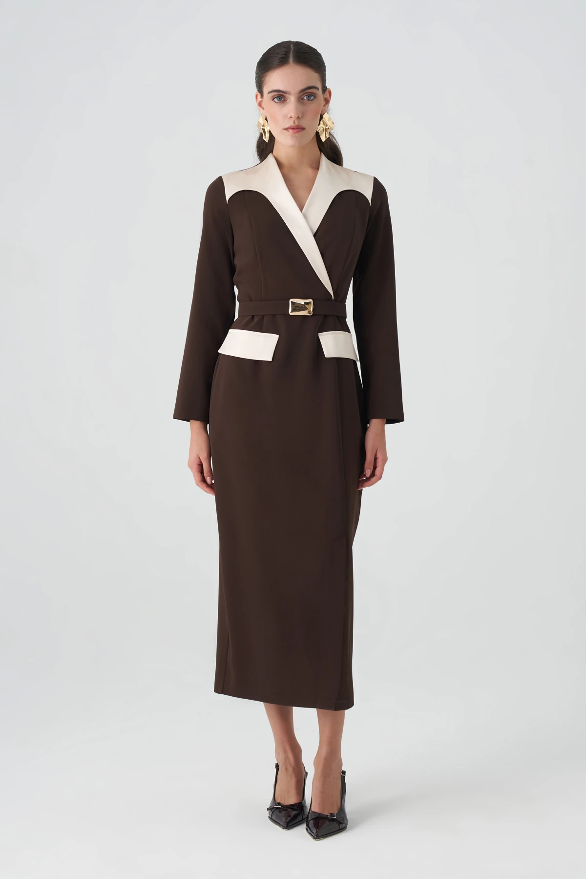 Saten garnili kruvaze midi krep elbise EL-4433