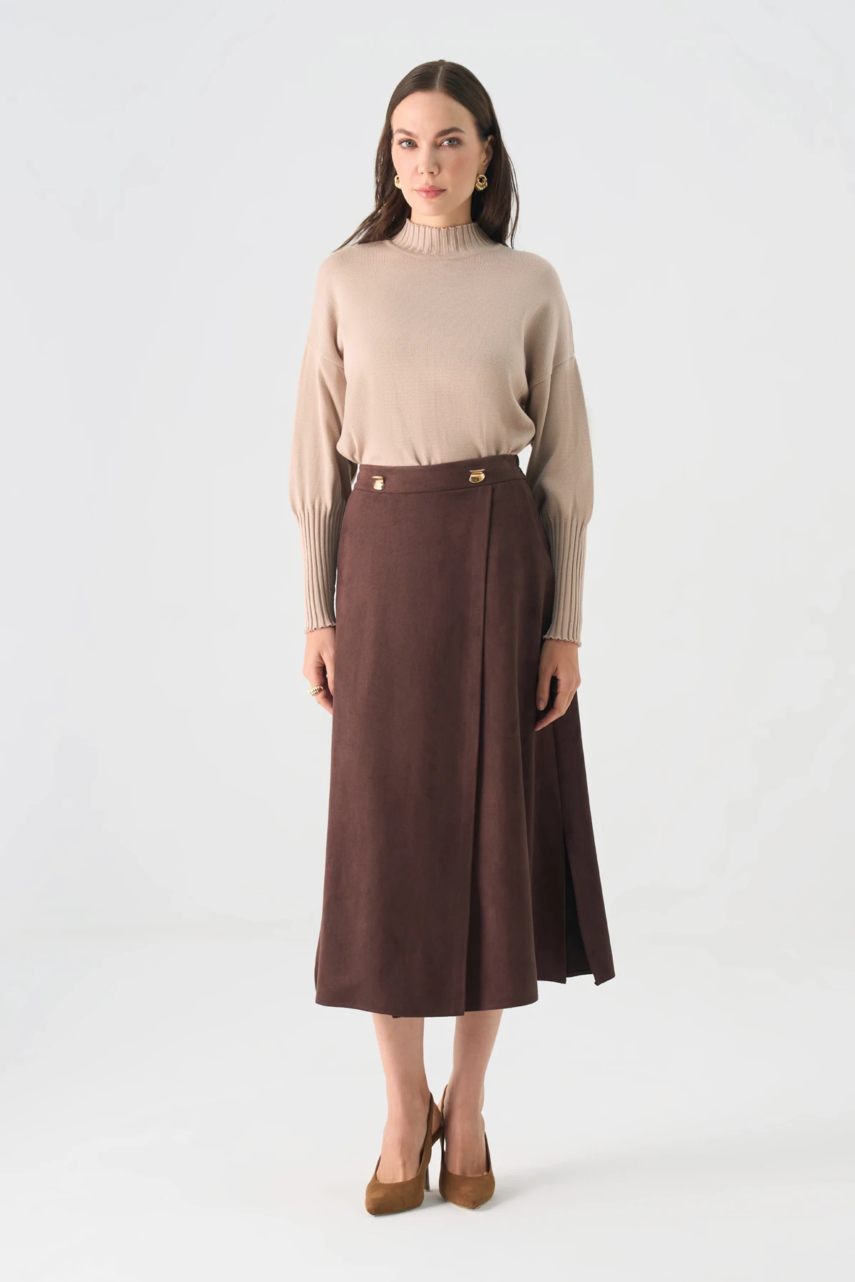 Süet görünümlü wrap midi etek EL-1286