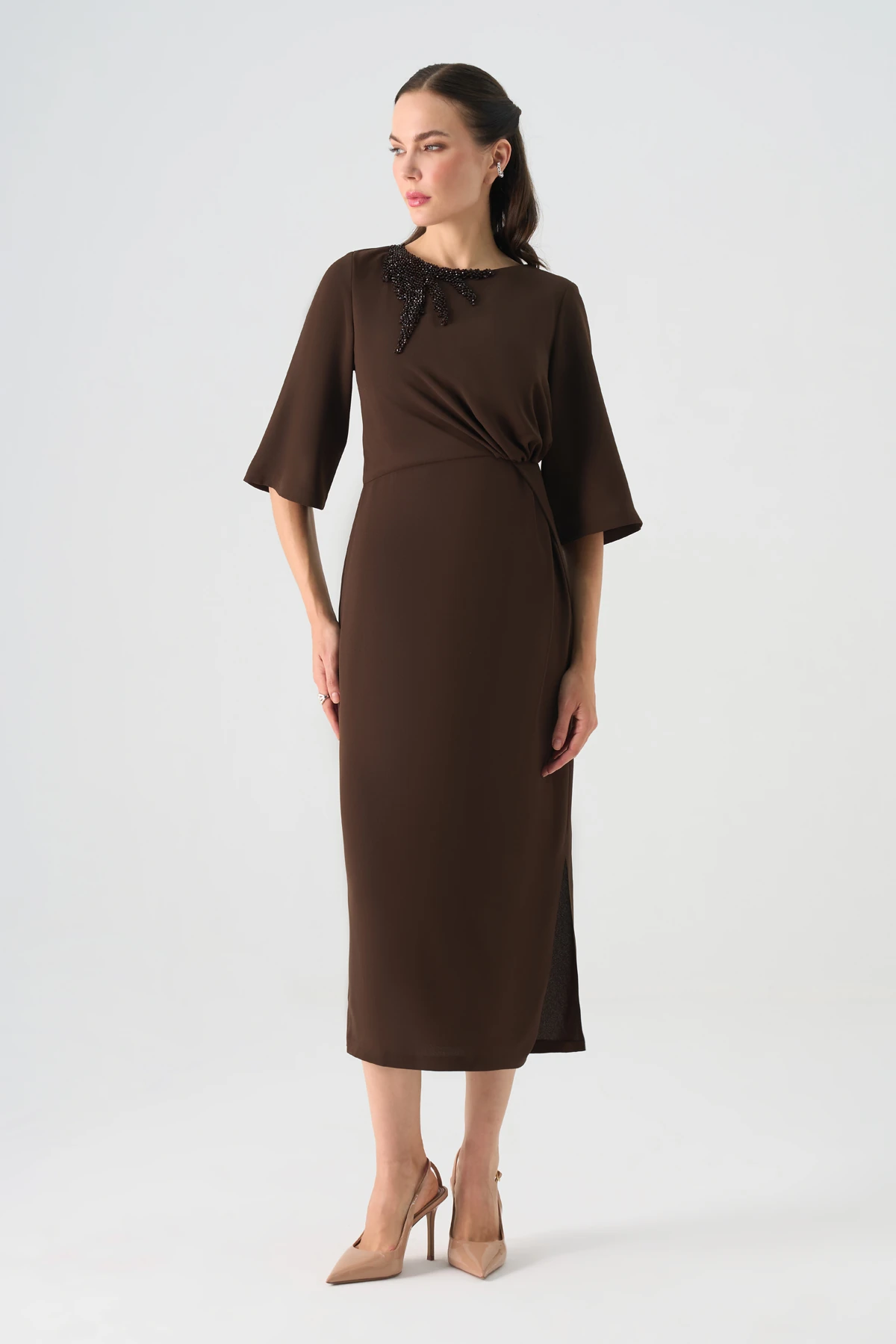 El işi boncuklu drapeli krep elbise EL-4360