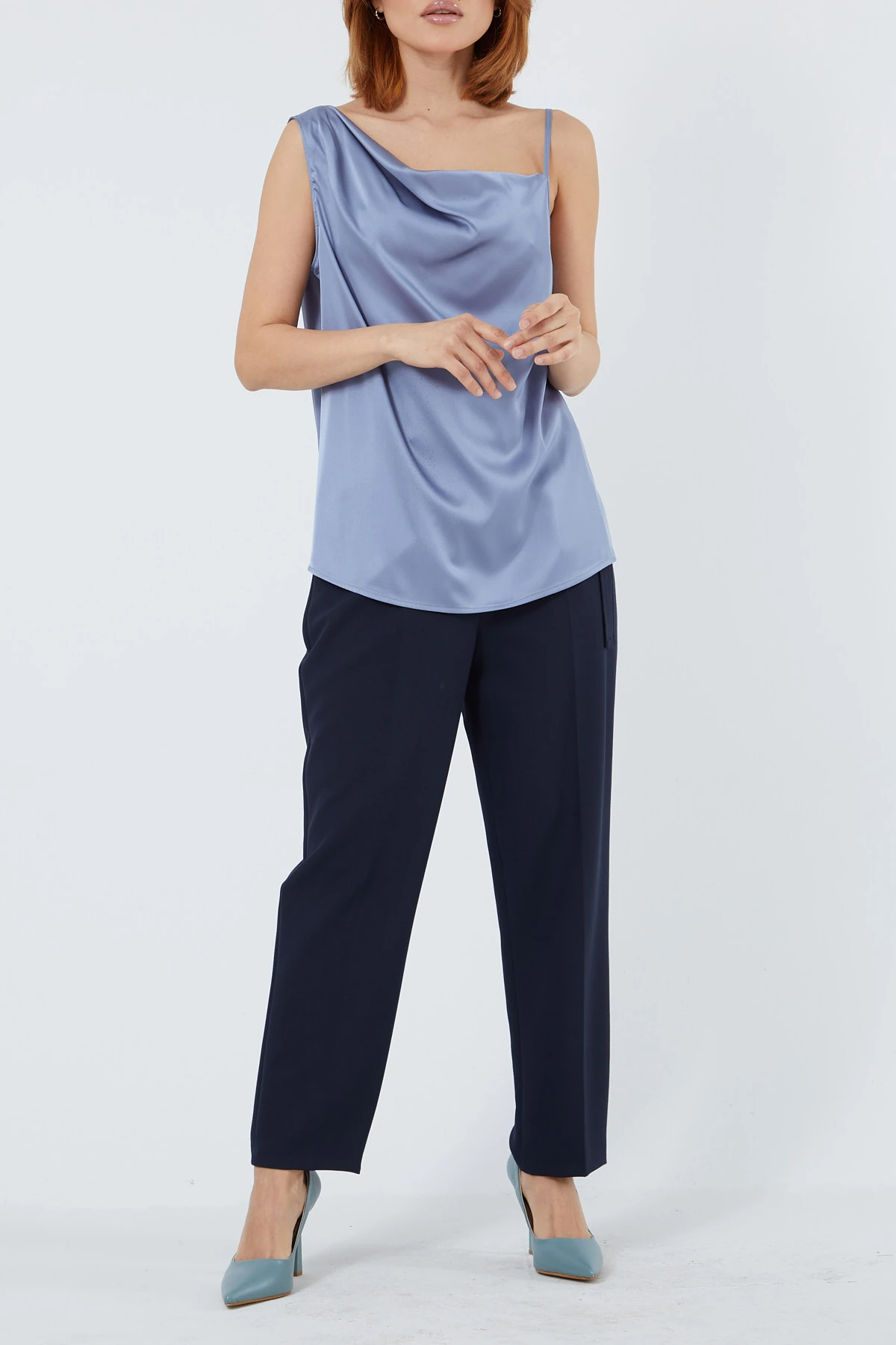 Asimetrik yaka saten bluz EL-1613