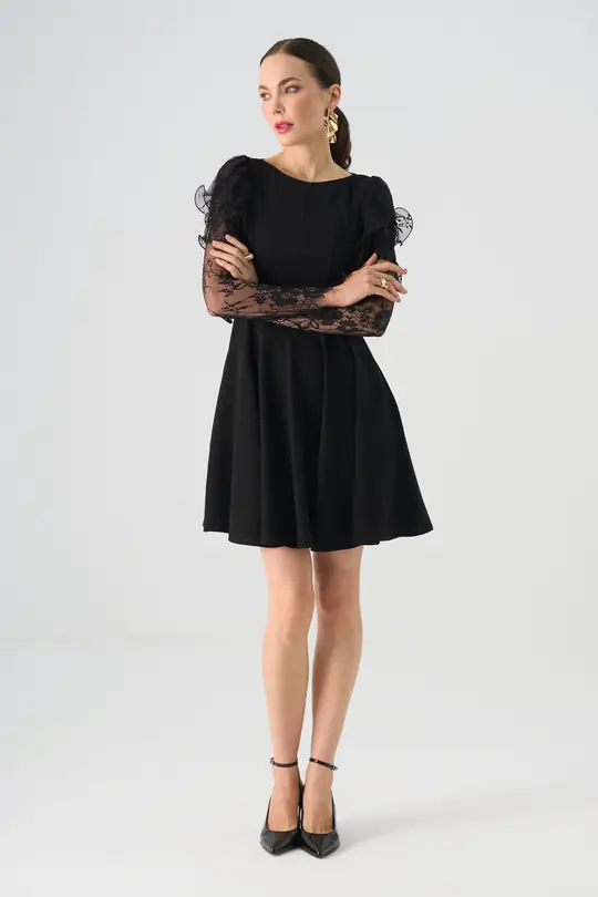 Kolu dantelli volan detaylı mini boy elbise EL-4462