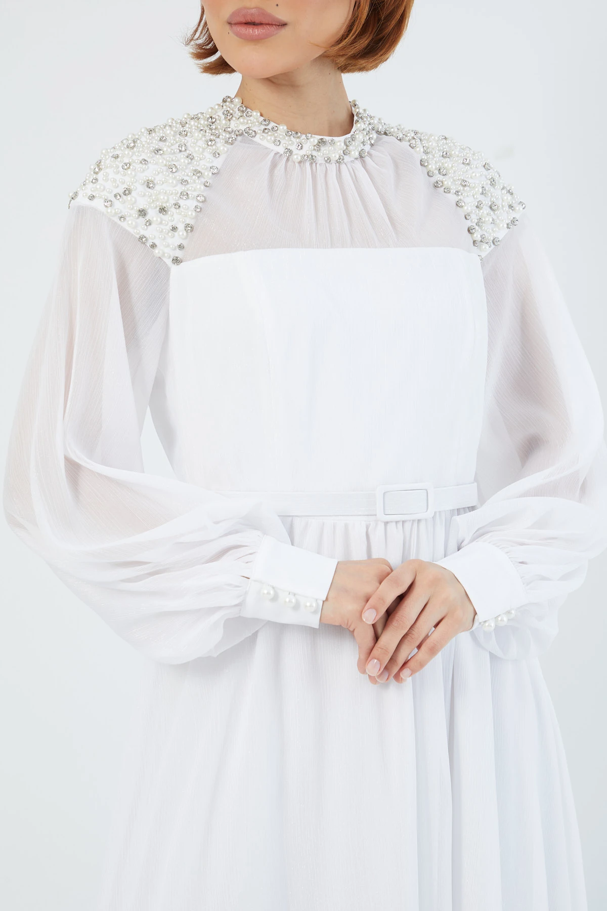 İşleme detaylı kemerli elbise EL-3569