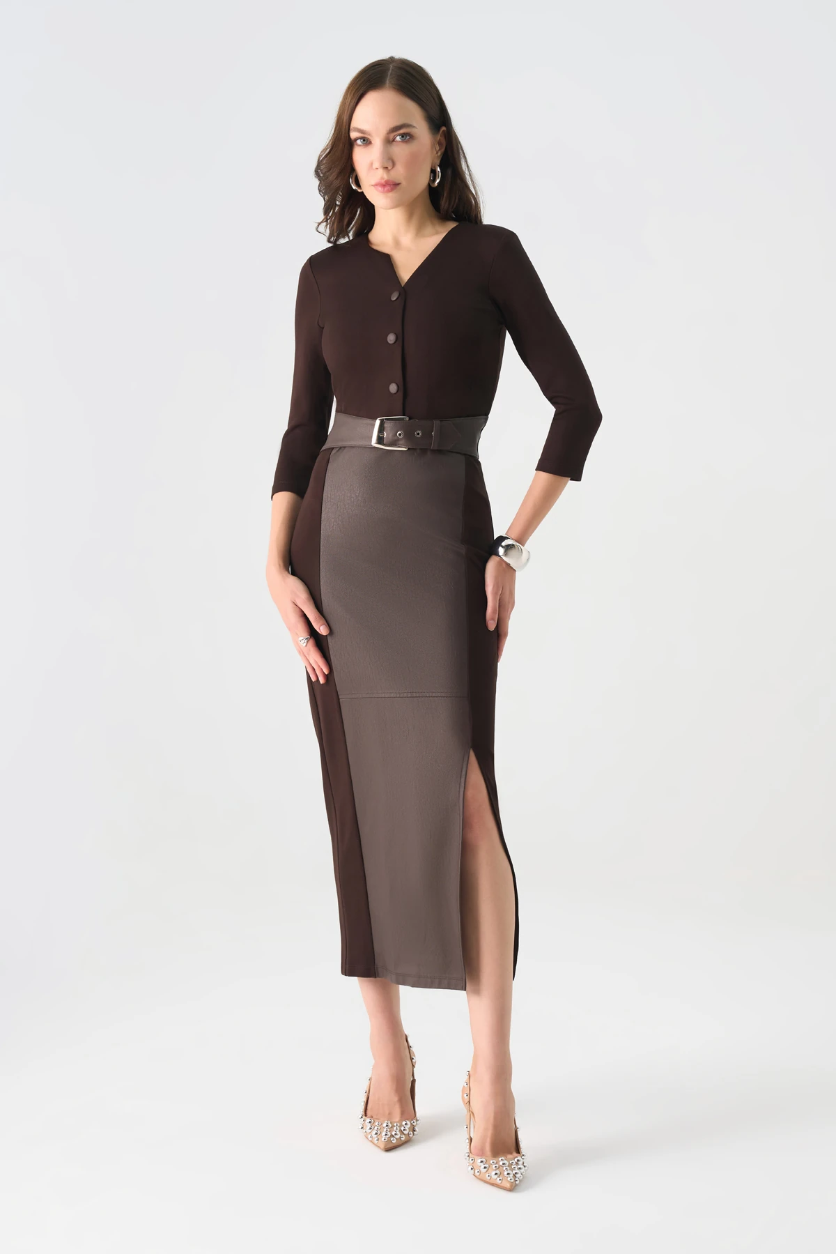 Bel kemerli örme ve deri karışım elbise EL-4424