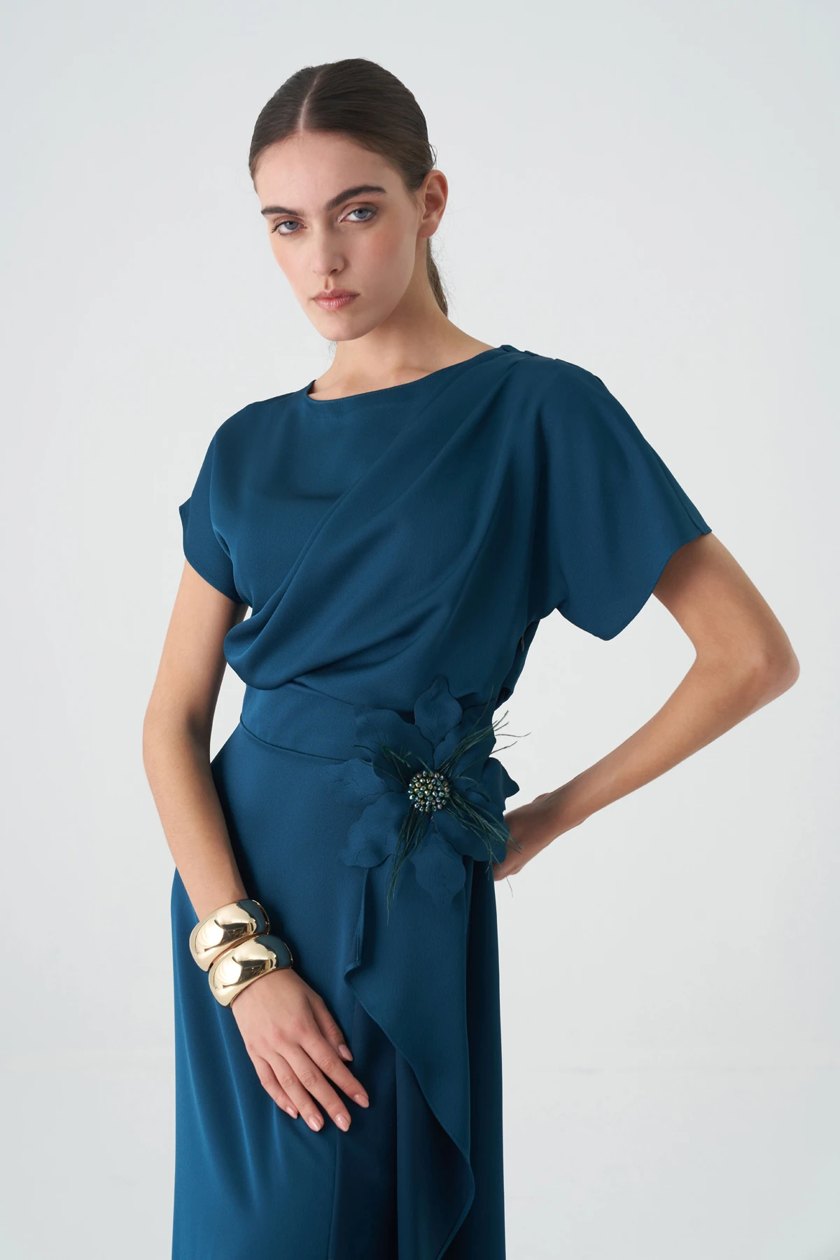 Drapeli saten elbise EL-4399