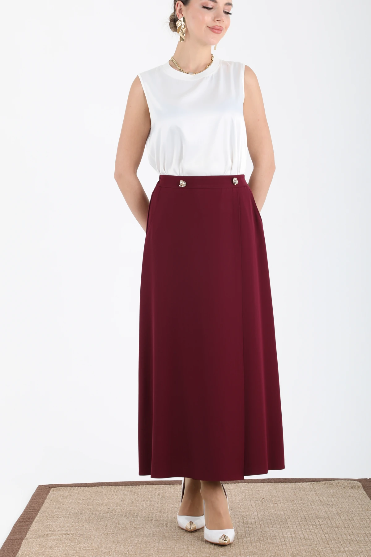 Metal aksesuarli midi etek EL-1176 - MOR