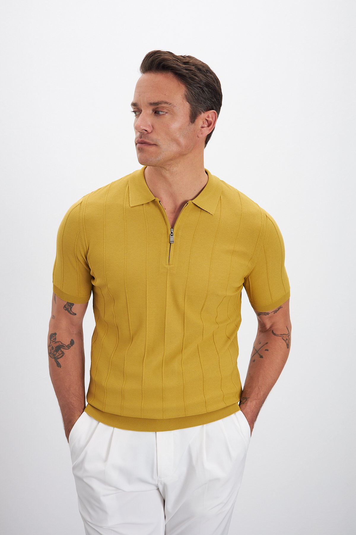 Fermuarlı Polo Yaka Çizgi Desenli Triko Erkek T-Shirt