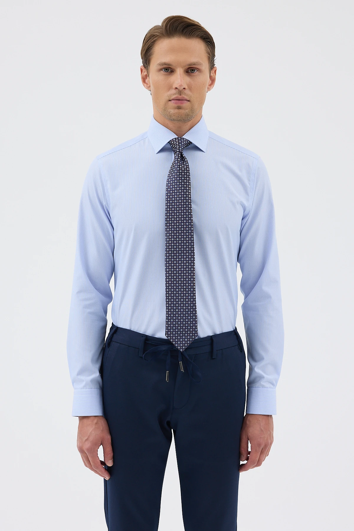 Non Iron Mavi Beyaz Çizgili %100 Pamuk Comfort Fit Gömlek