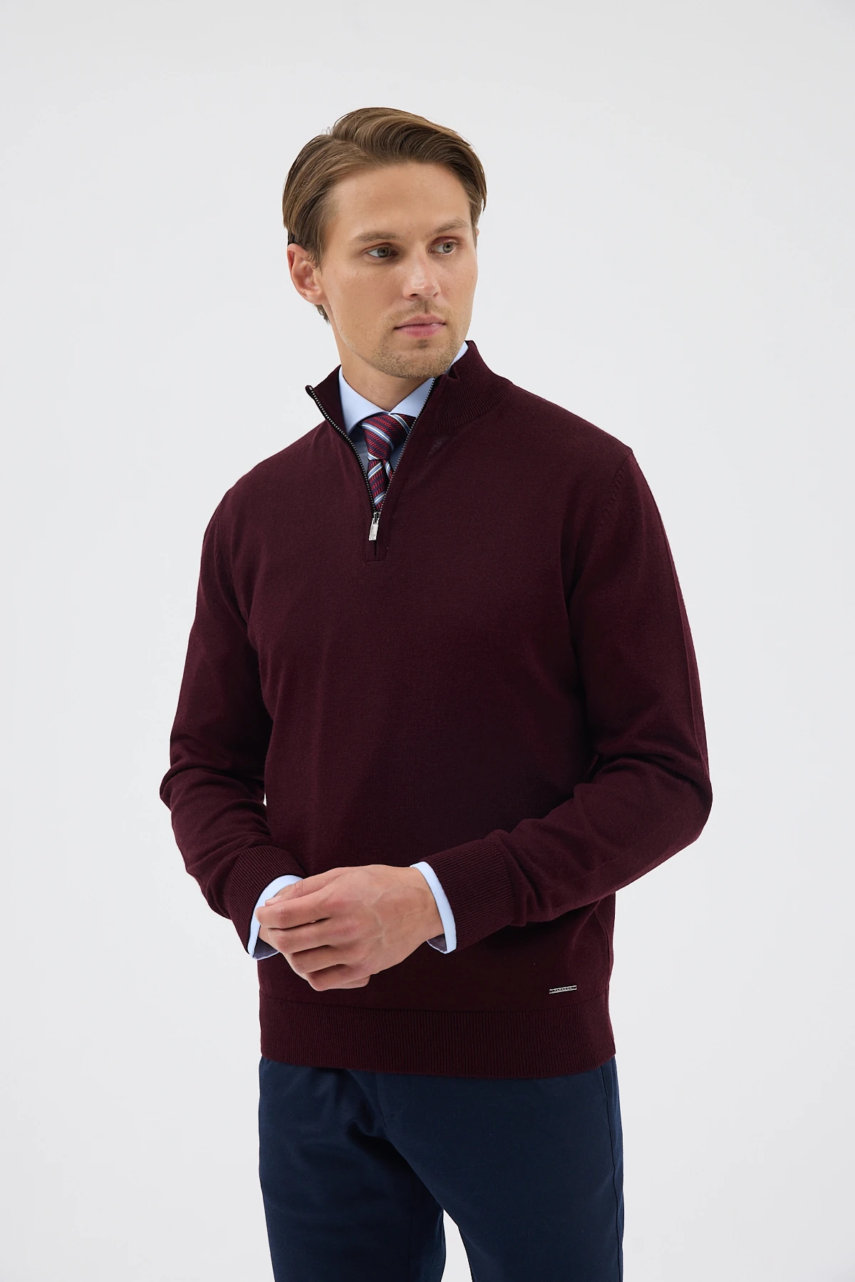 Yarım Balıkçı Fermuarlı Yünlü Triko Kazak - Bordo