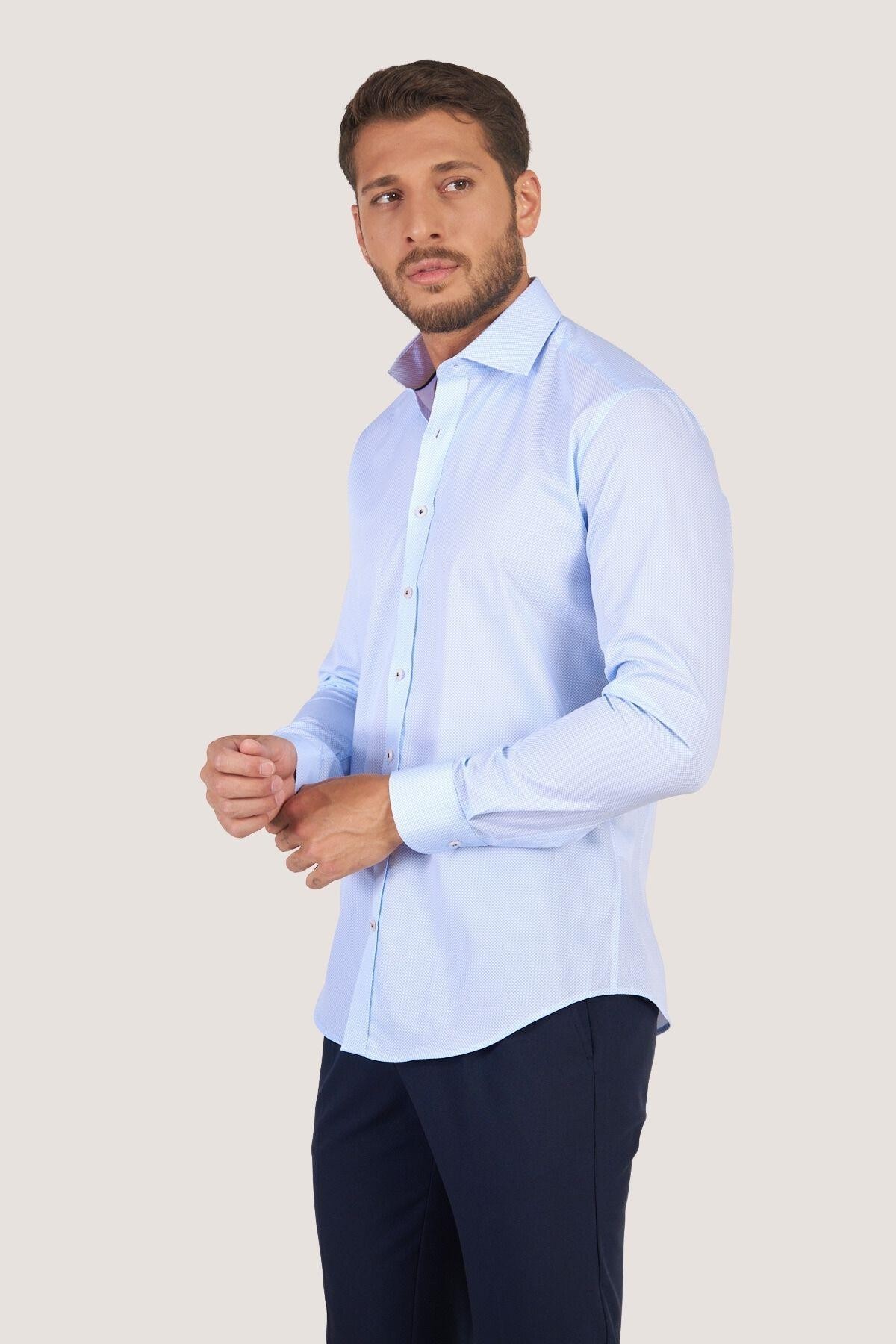 Klasik Desenli Slim Fit Gömlek - Beyaz-Mavi