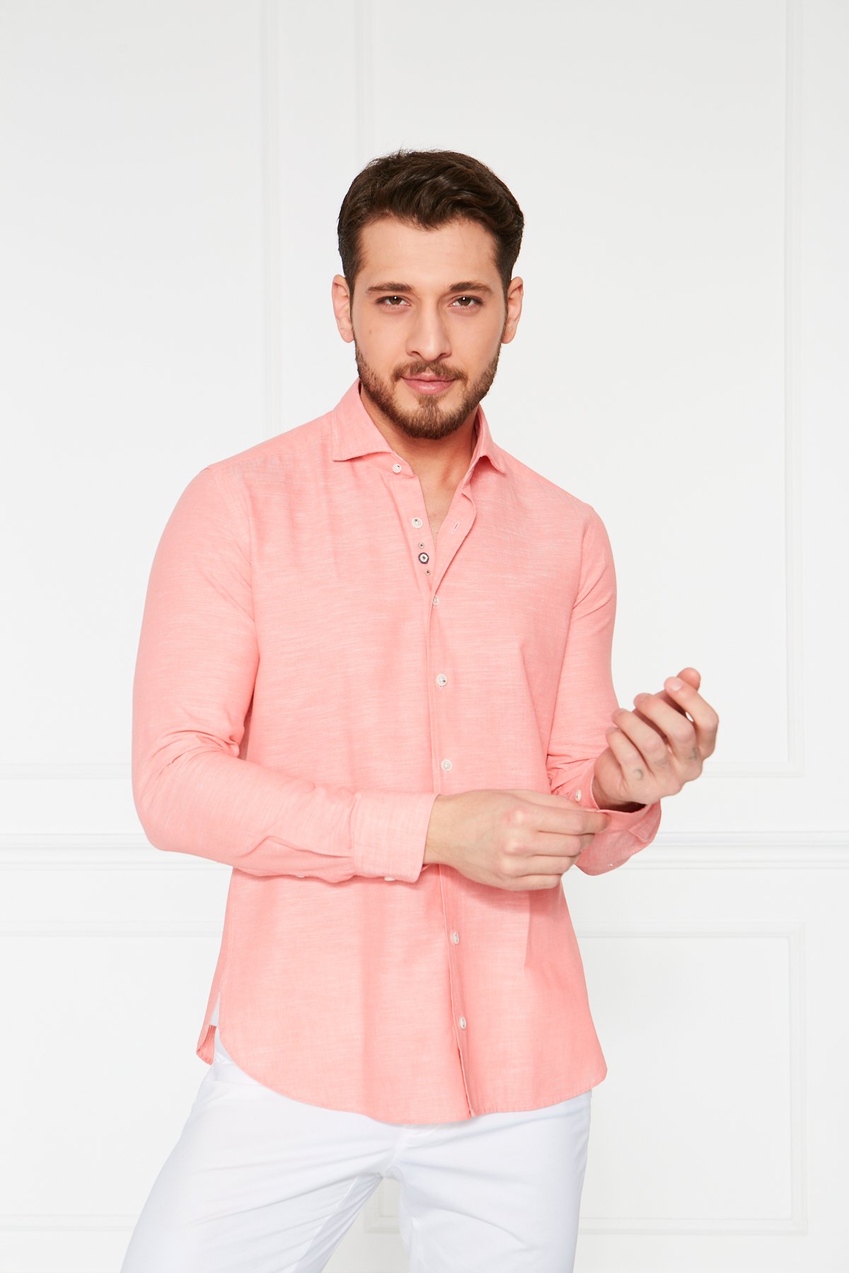 El İşçiliği Pat Detaylı Modelli Keten Gömlek - Pembe