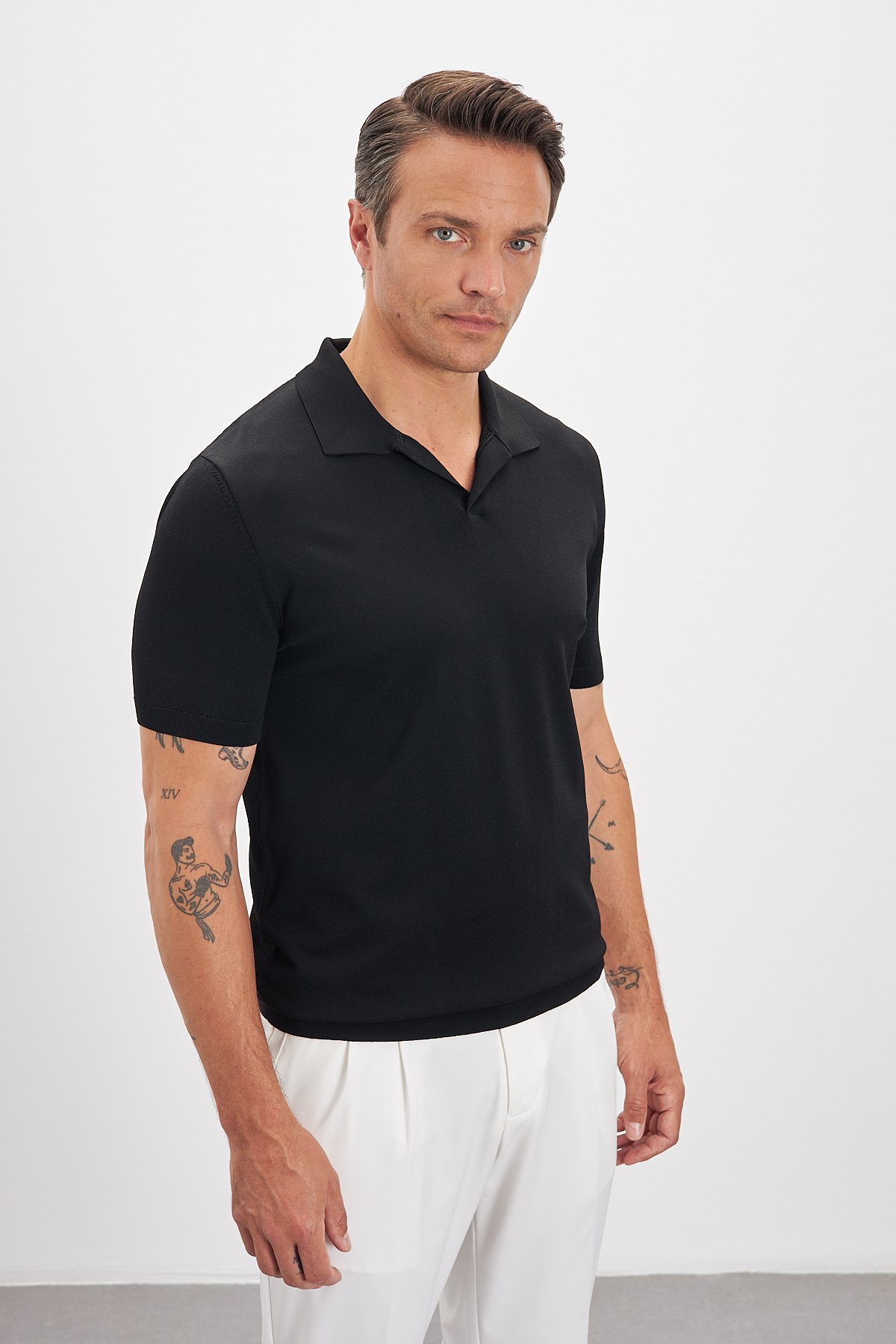 Polo Yaka Patlı Triko Erkek T-Shirt - Siyah