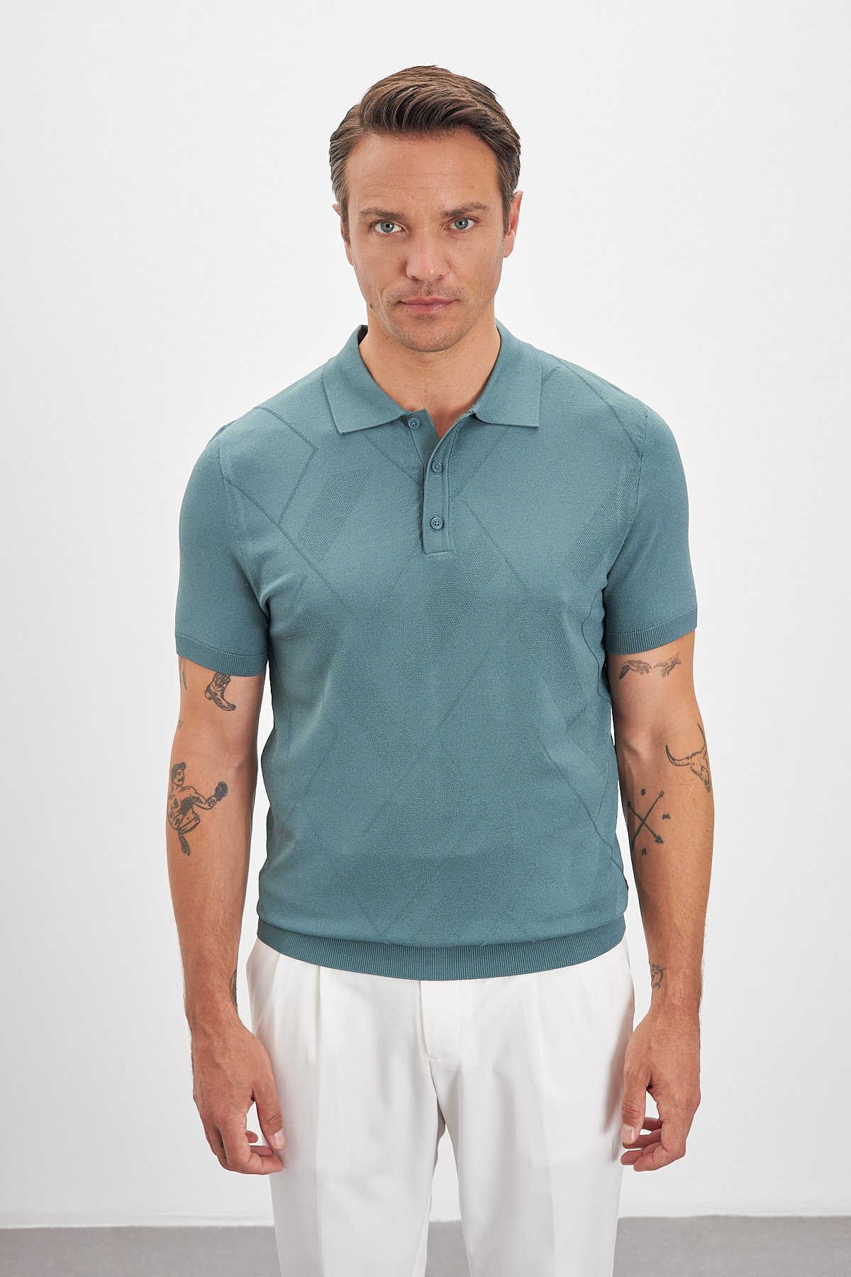 Düğmeli Pola Yaka Erkek T-shirt - Haki