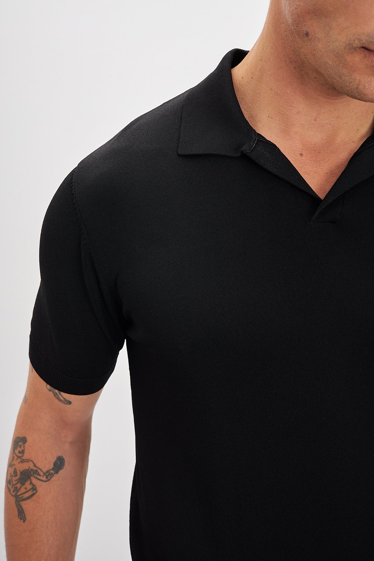 Polo Yaka Patlı Triko Erkek T-Shirt - Siyah