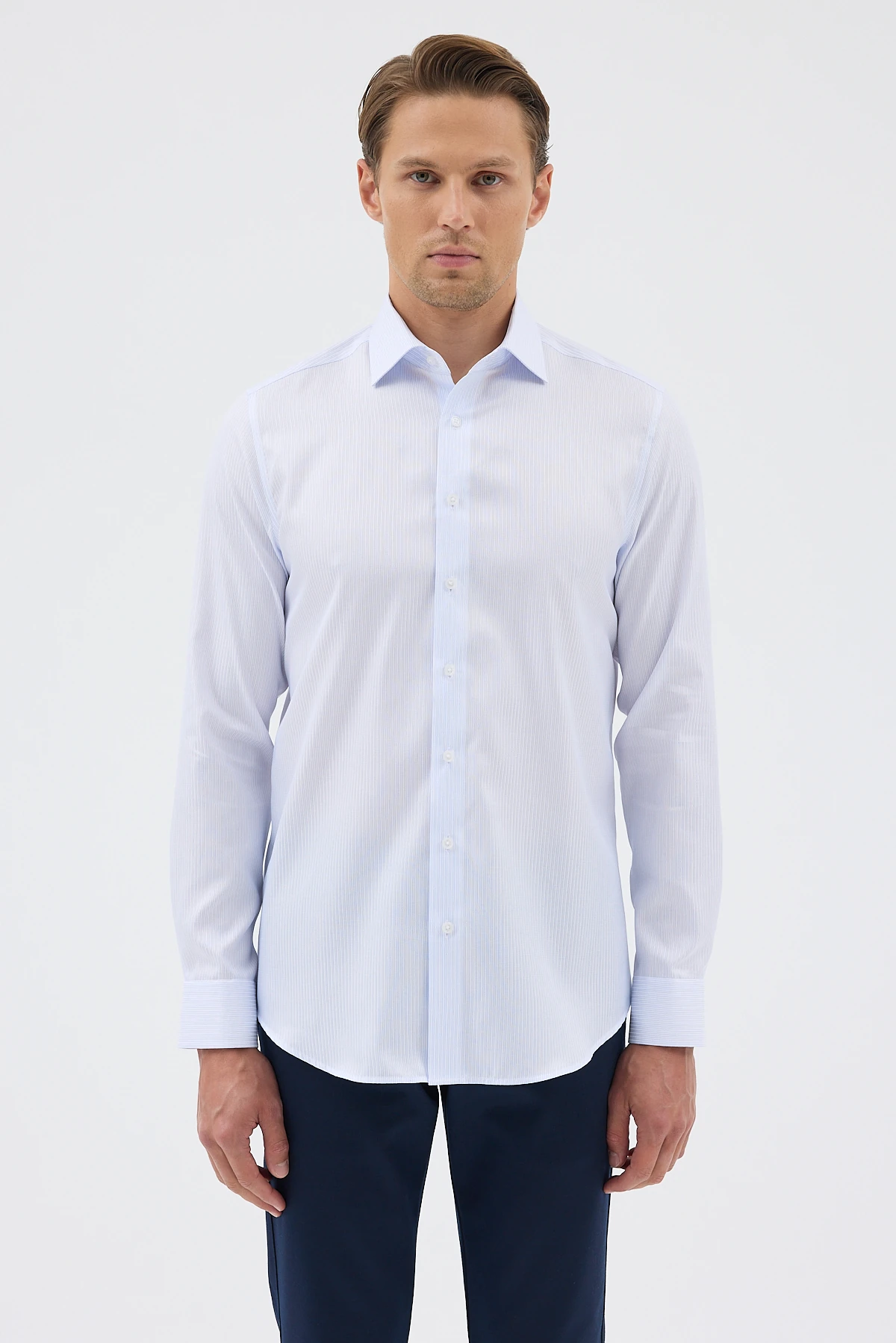 Non Iron Açık Mavi Çizgili %100 Pamuk Comfort Fit Gömlek