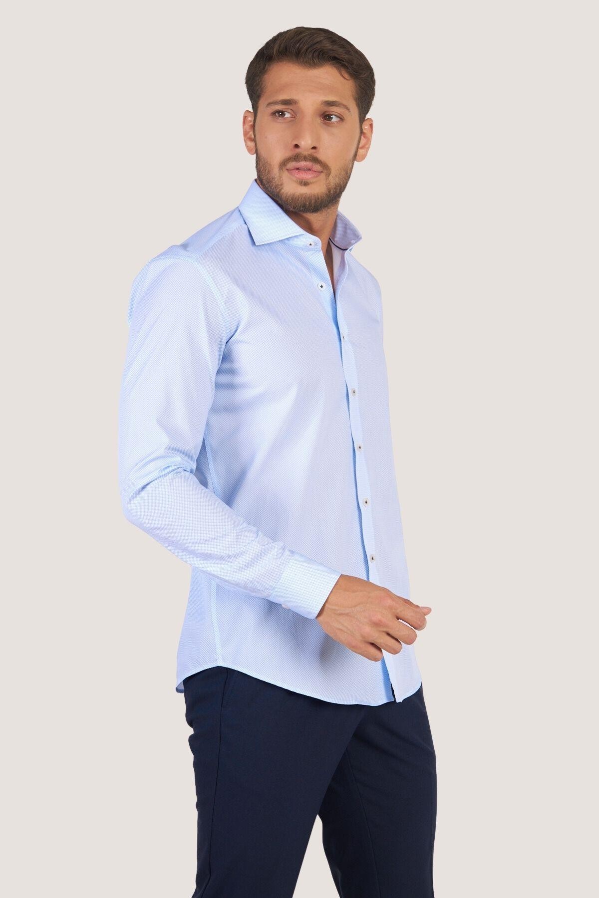 Klasik Desenli Slim Fit Gömlek - Beyaz-Mavi