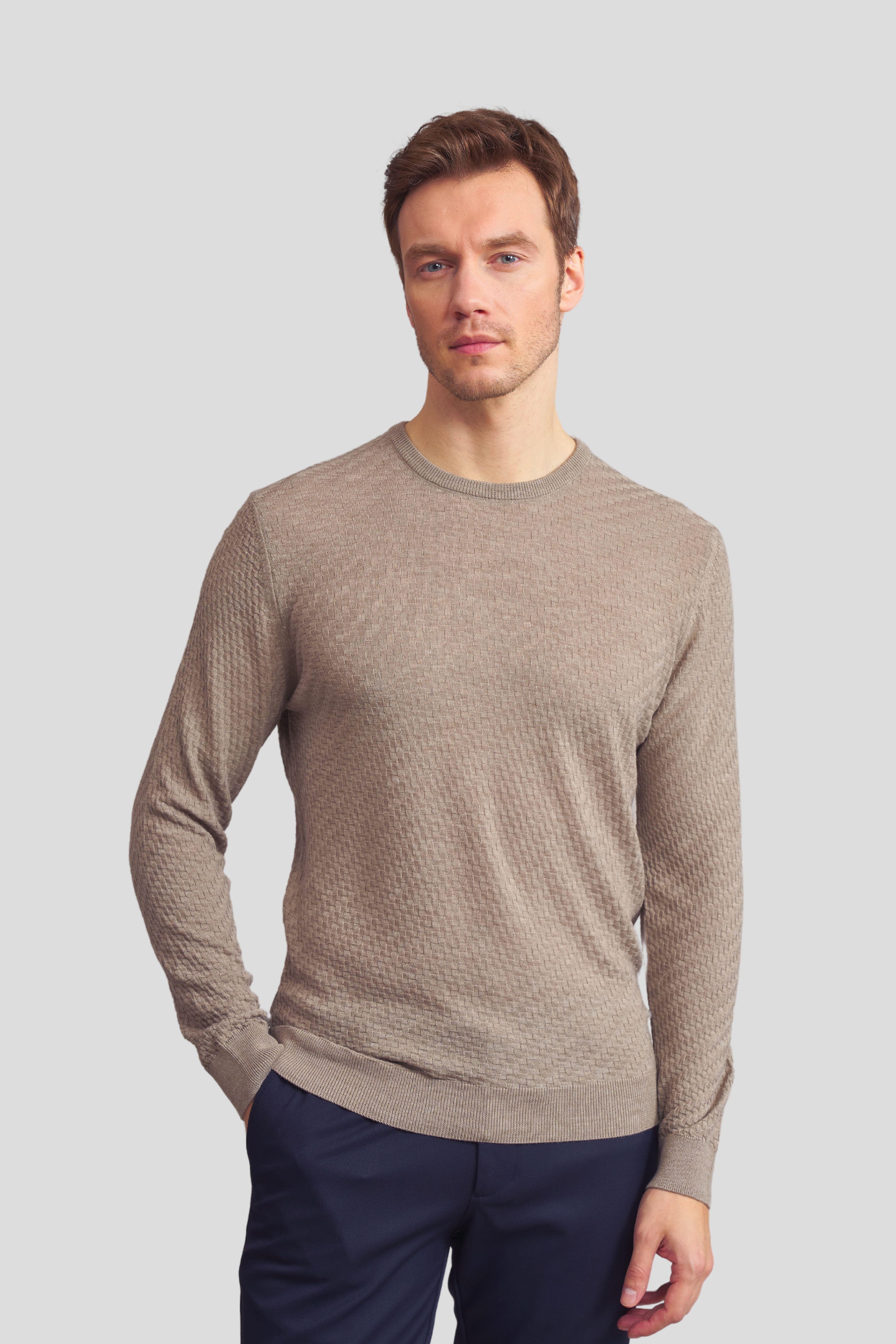 Örgü Desenli Yün Erkek Kazak - Petrol