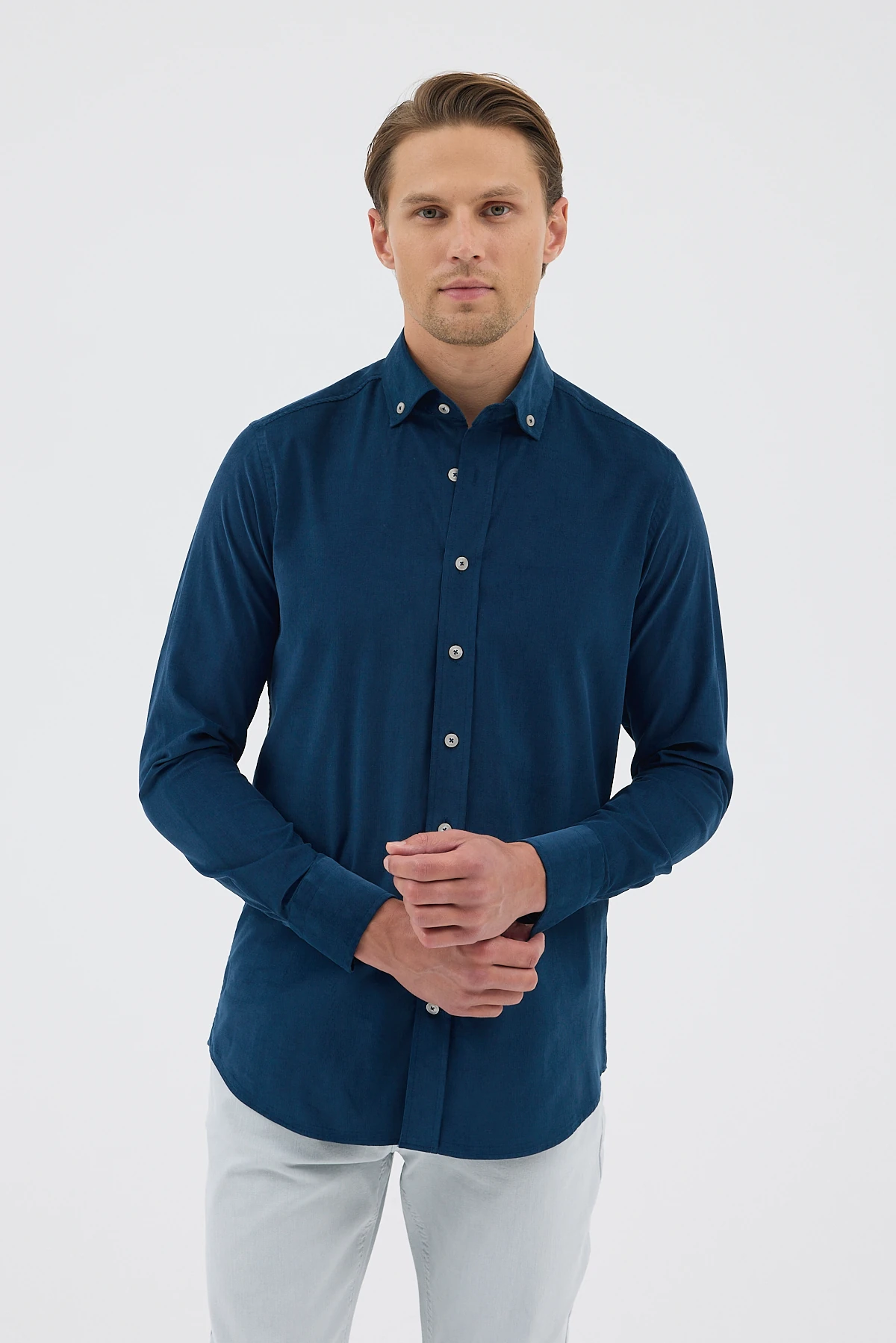 Kadife Yaka Düğmeli %100 Pamuk Comfort Fit Erkek Gömlek - Petrol