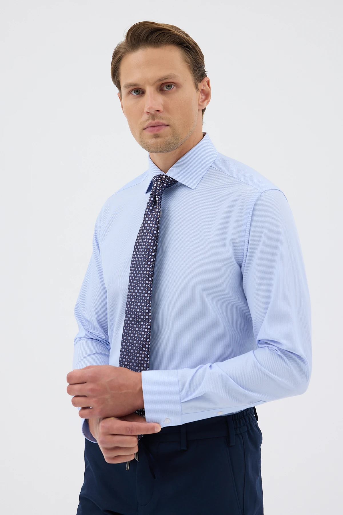 Non Iron Mavi Beyaz Çizgili %100 Pamuk Comfort Fit Gömlek