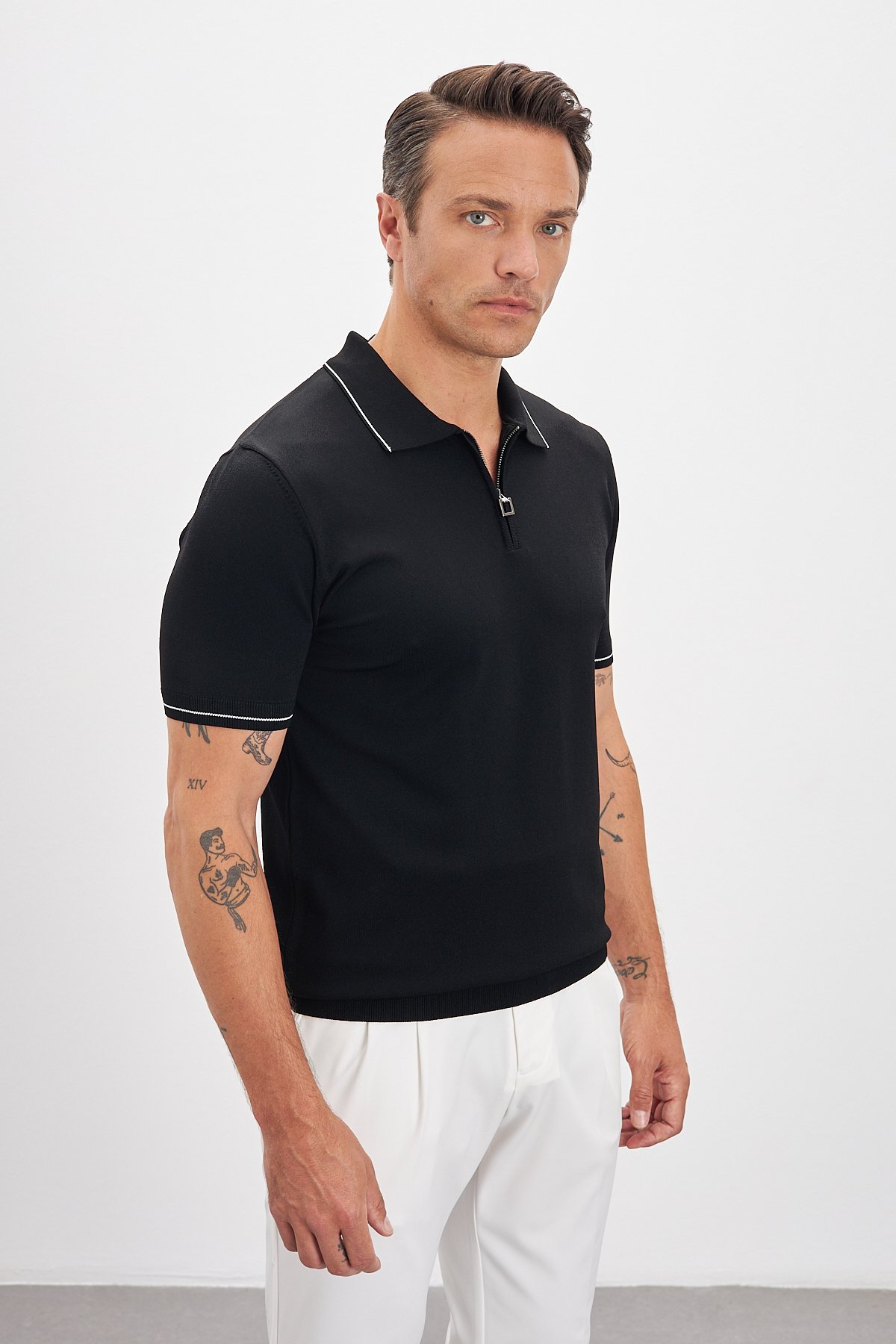 Polo Yaka Fermuarlı Triko Erkek T-Shirt - Siyah
