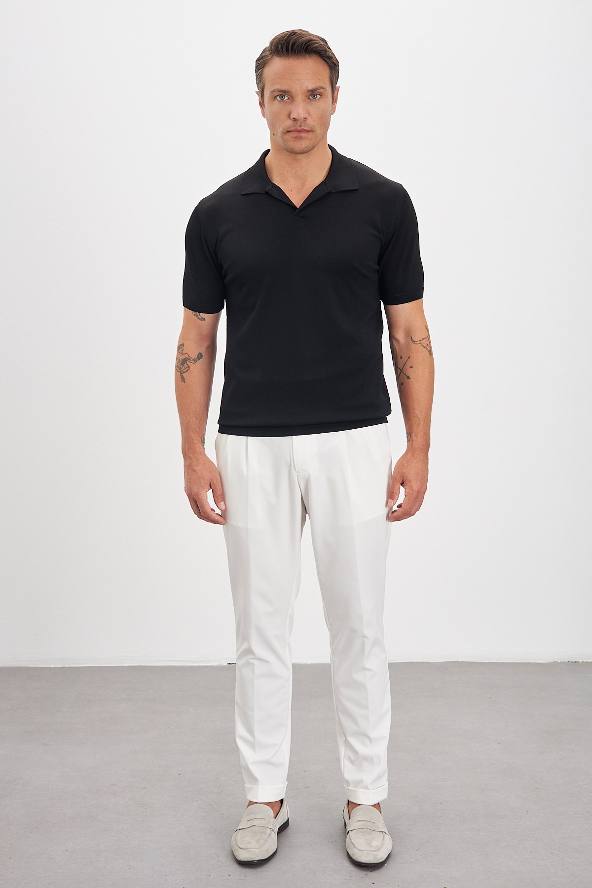 Polo Yaka Patlı Triko Erkek T-Shirt - Siyah