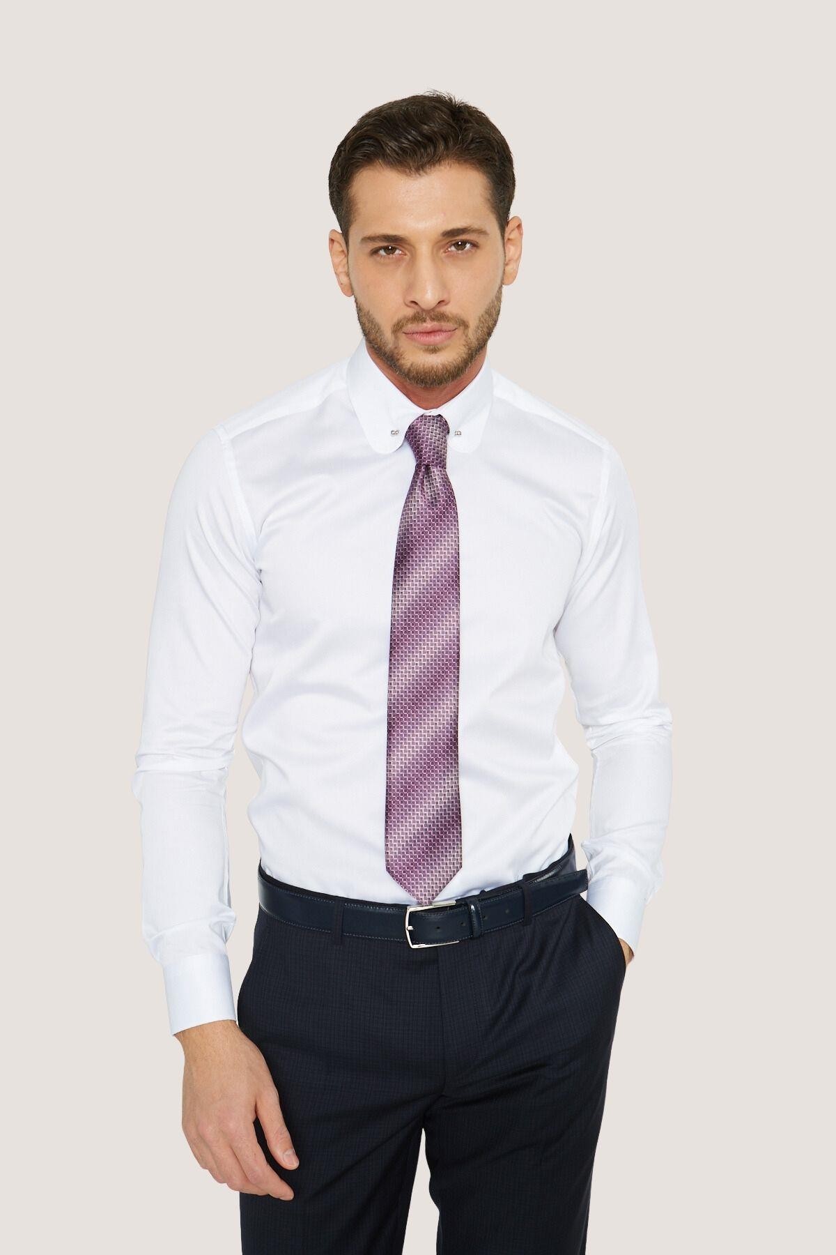 Bebe Yaka İğneli Slim Fit Gömlek - Beyaz