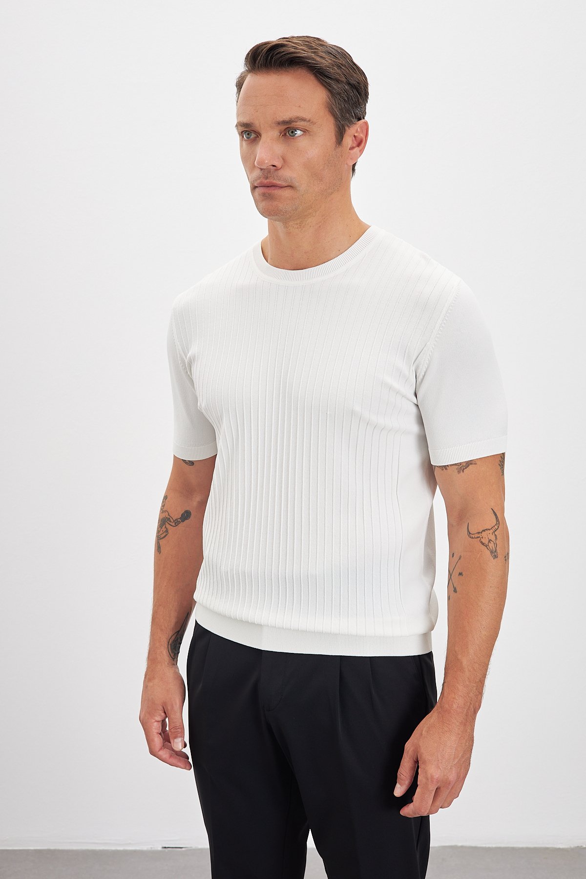 Çizgili Desenli Bisiklet Yaka Triko Erkek T-Shirt - Beyaz