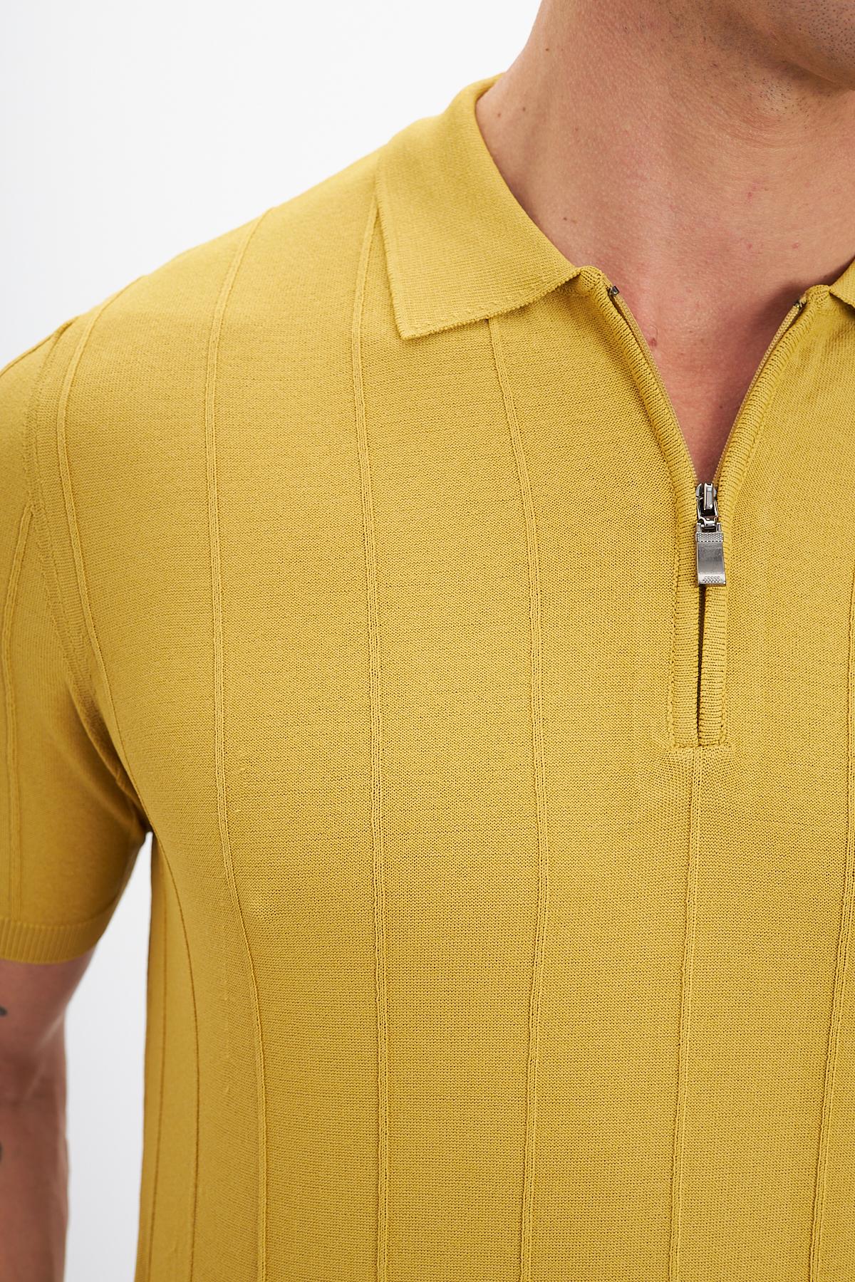 Fermuarlı Polo Yaka Çizgi Desenli Triko Erkek T-Shirt