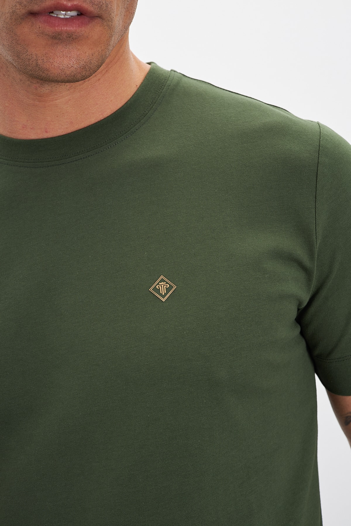 Bisiklet Yaka Basic %100 Pamuk Comfort Fit Logo Baskılı Erkek T-Shirt - Haki