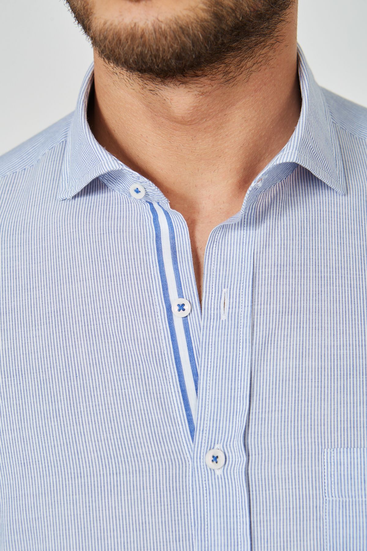 Çizgili Slim Fit Casual Gömlek - Lacivert-Beyaz