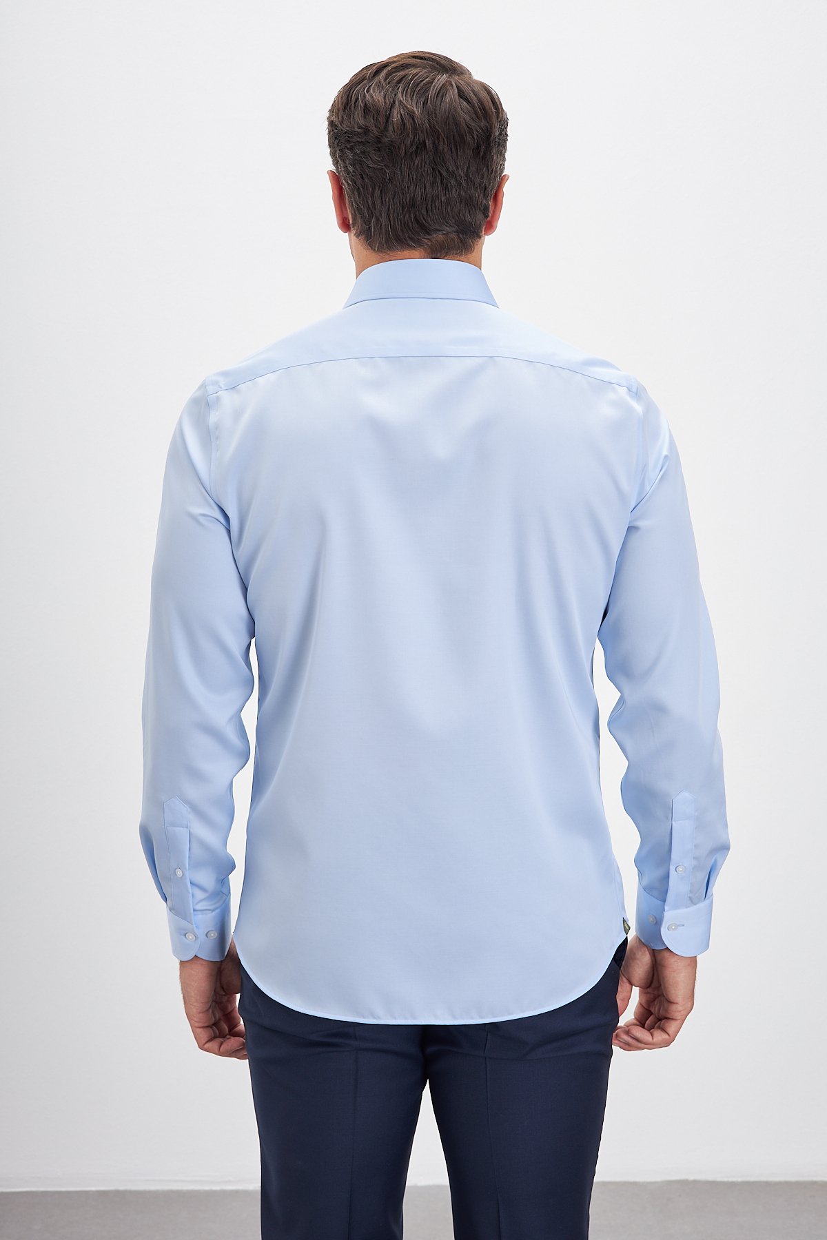 Ütü Gerektirmeyen %100 Pamuk Non Iron Klasik Yaka Saten Erkek Gömlek - Koyu Mavi