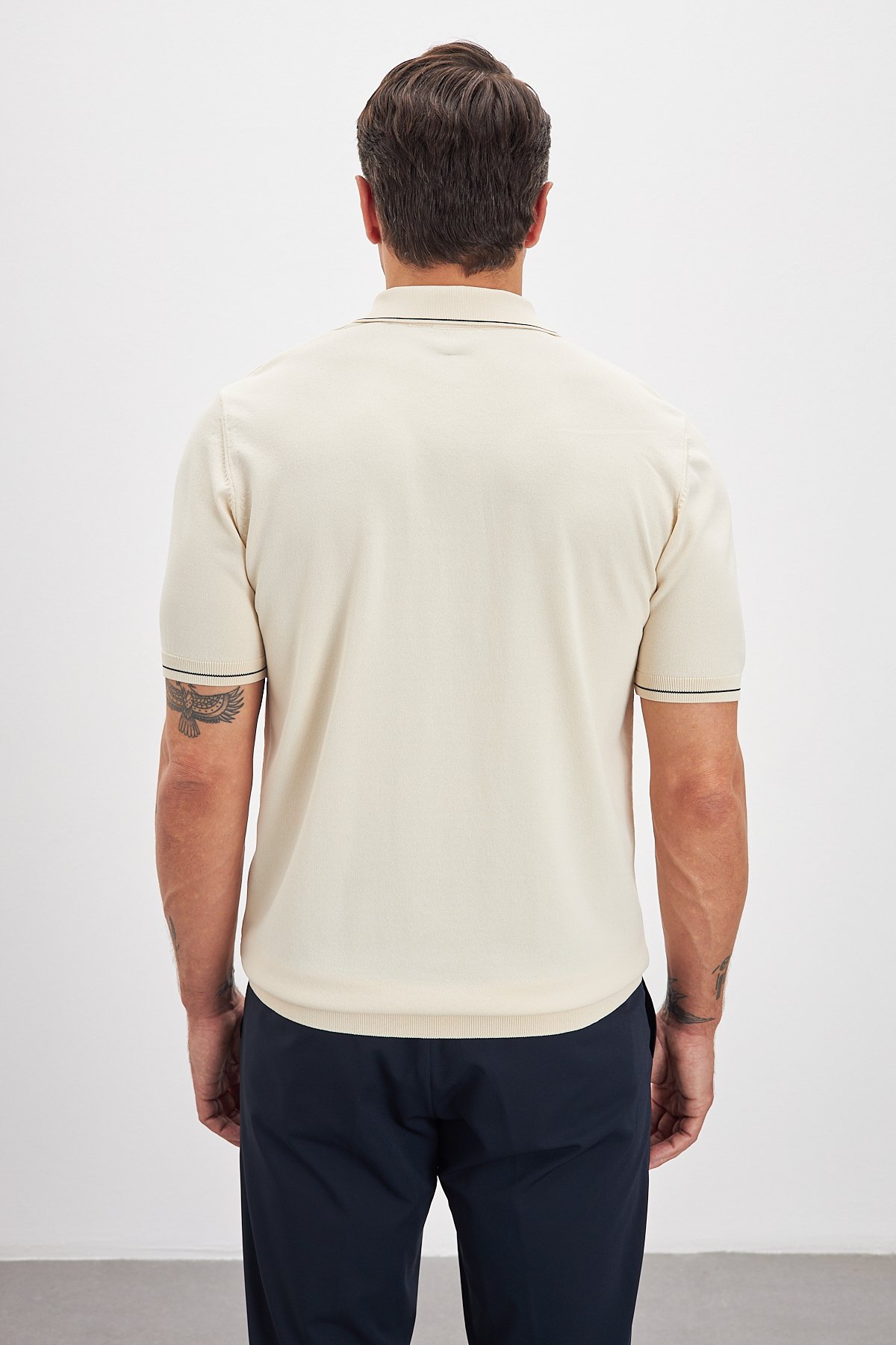 Polo Yaka Fermuarlı Triko Erkek T-Shirt - Bej