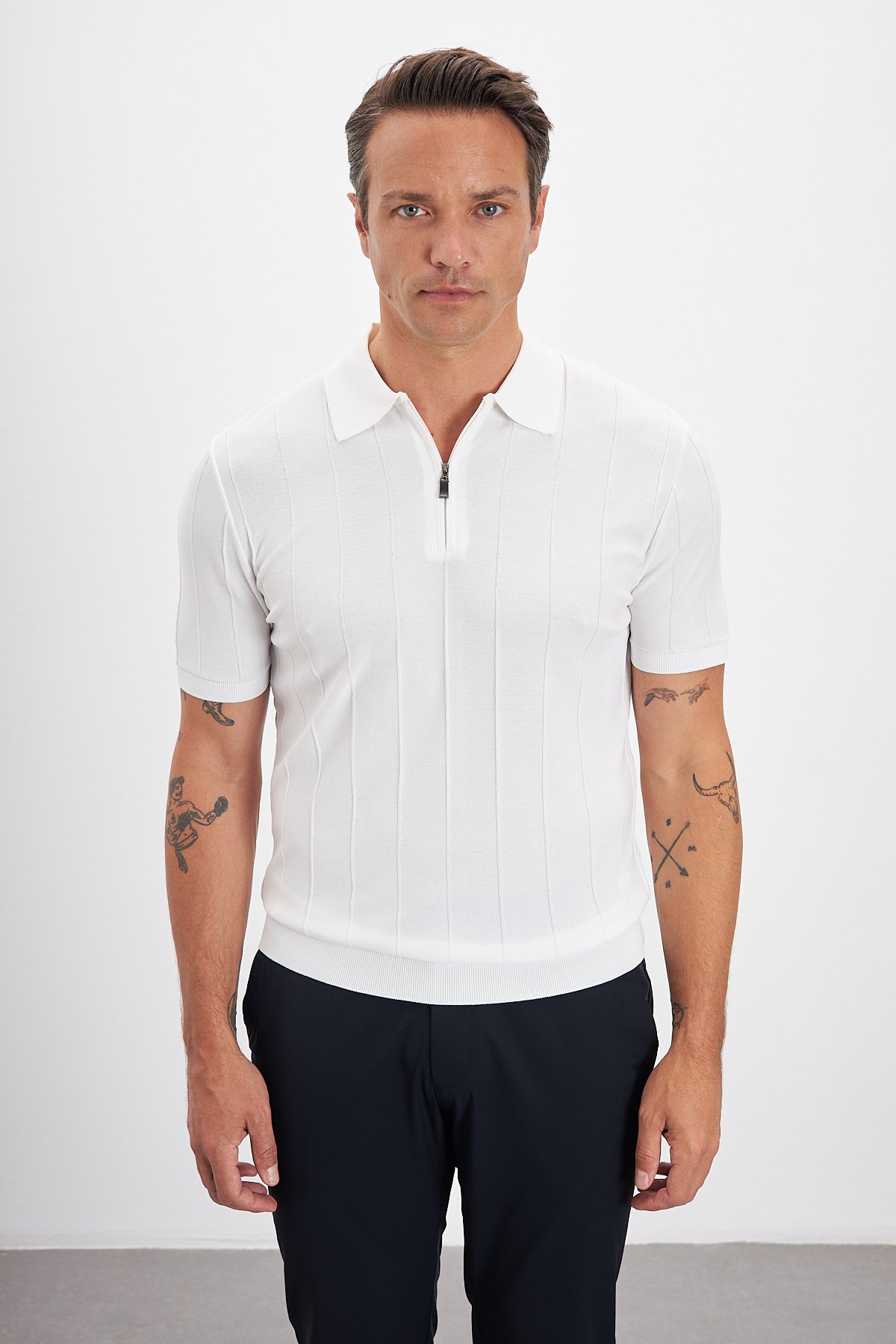 Fermuarlı Polo Yaka Çizgi Desenli Triko Erkek T-Shirt