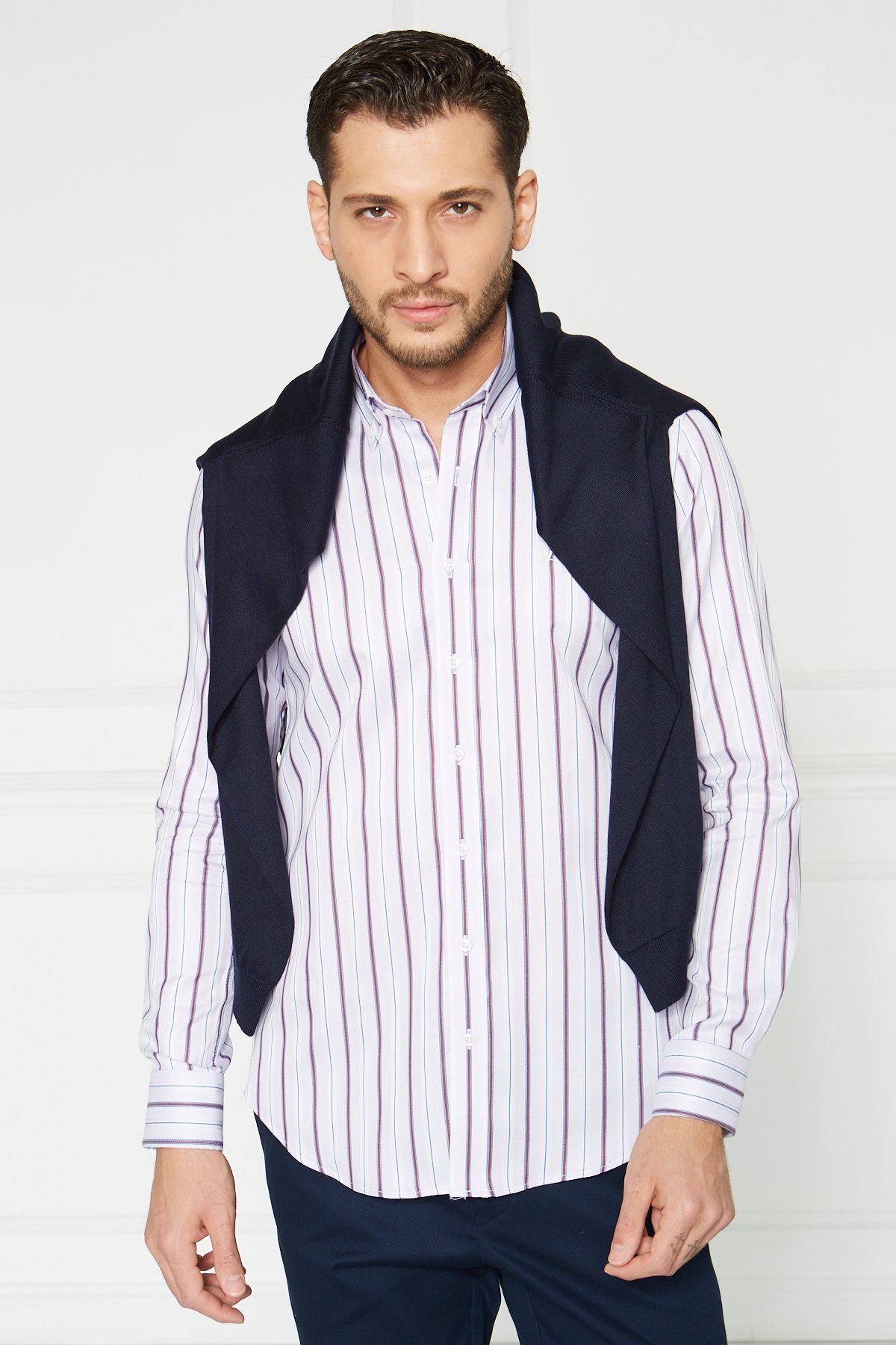 Yaka Düğmeli Slim Fit Klasik Gömlek - Lila