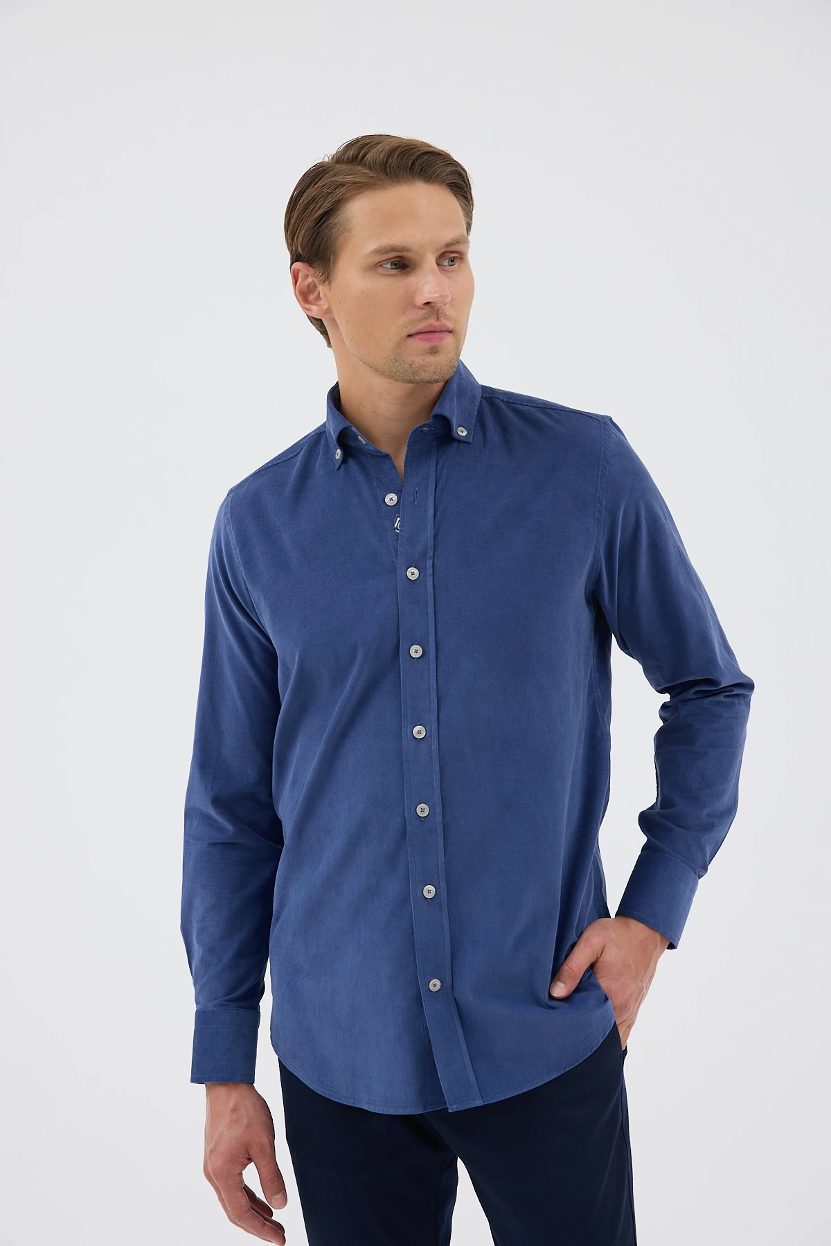 Kadife Yaka Düğmeli %100 Pamuk Comfort Fit Erkek Gömlek - Koyu Mavi