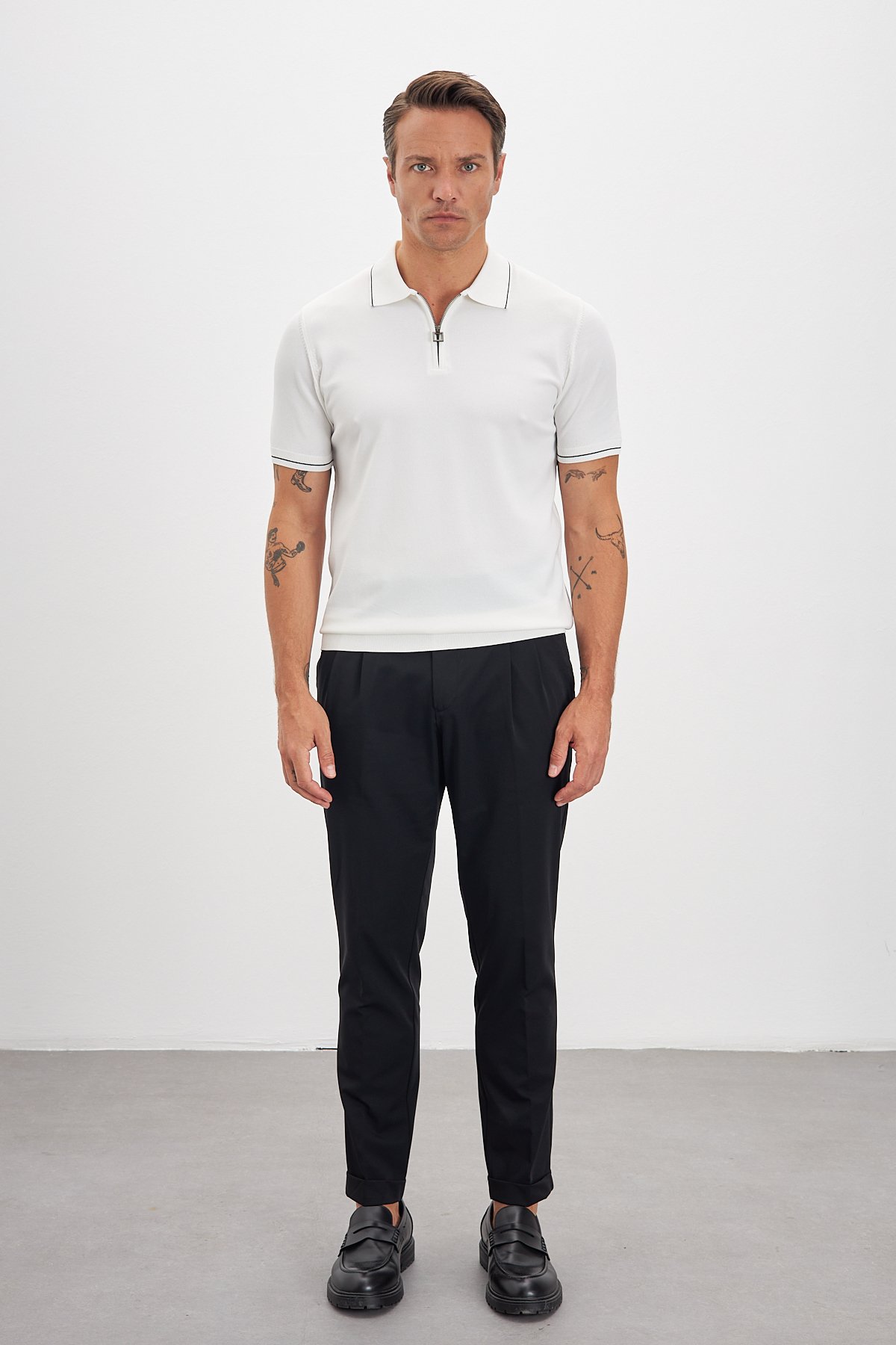 Polo Yaka Fermuarlı Triko Erkek T-Shirt - Açık Bej