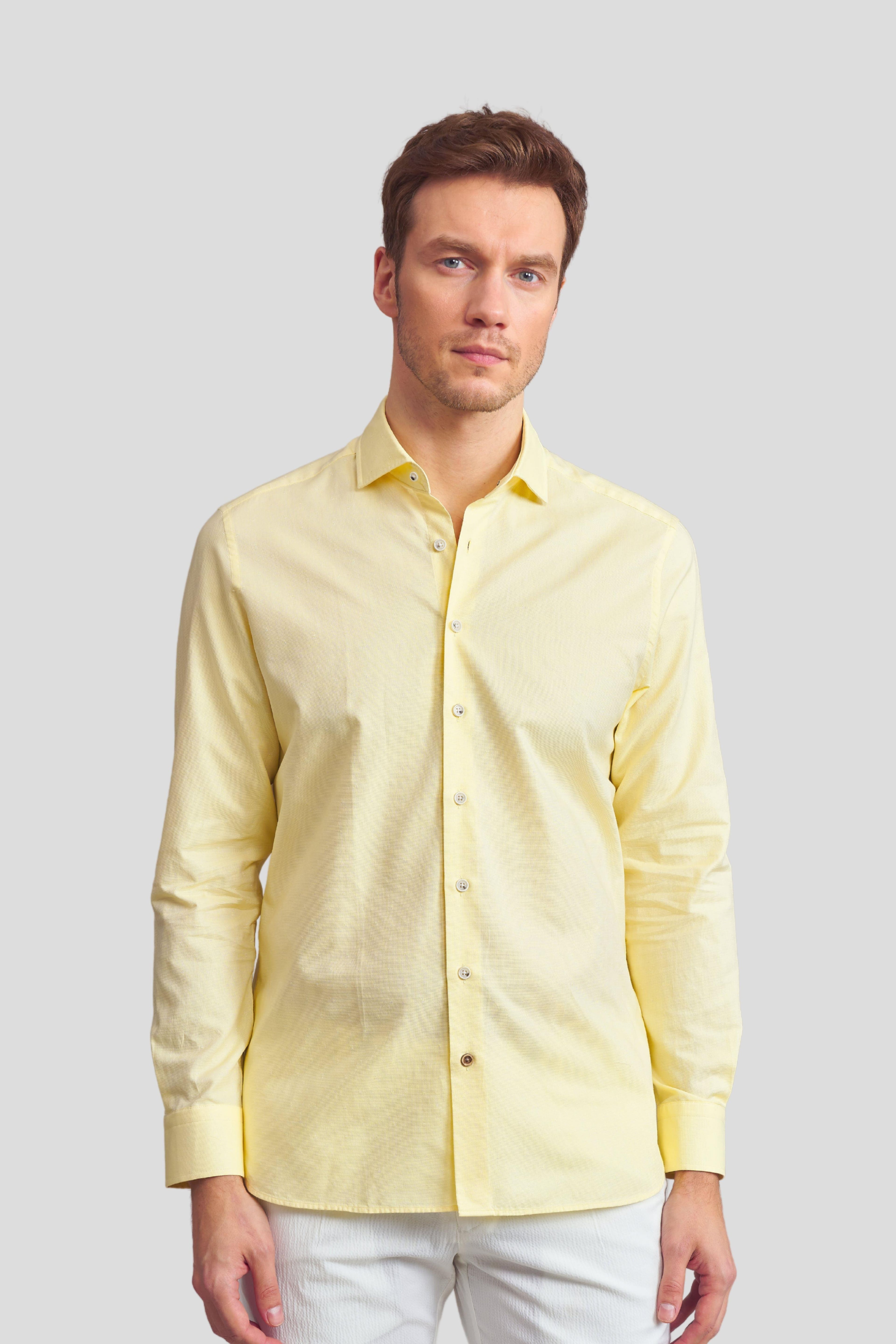 Desenli Comfort Fit Keten Gömlek - Sarı