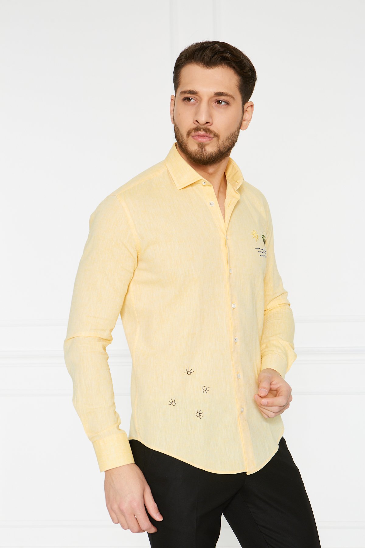 Keten Nakışlı Slim Fit Gömlek - Sarı