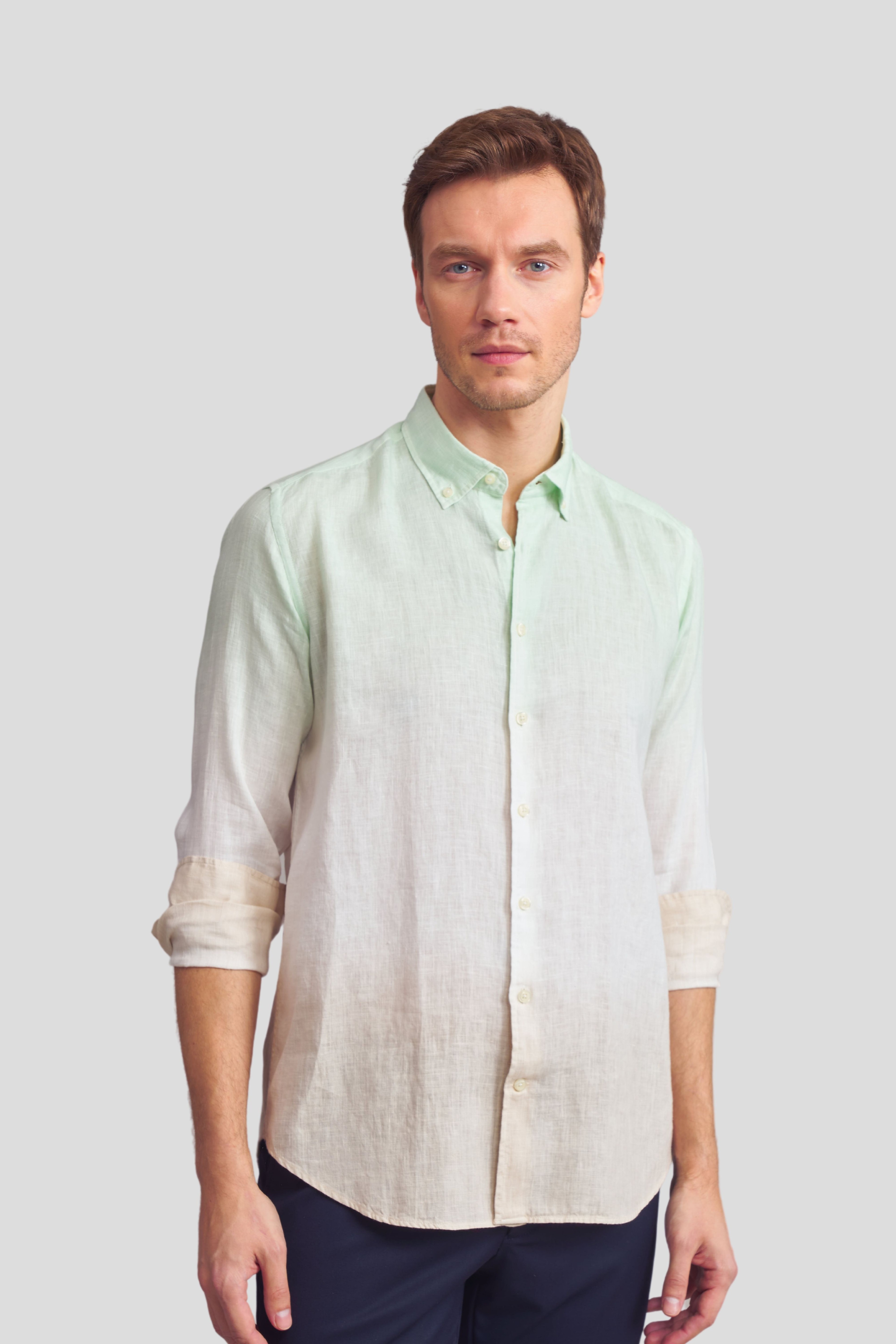Batik Comfort Fit %100 Keten Gömlek - Yeşil-Bej
